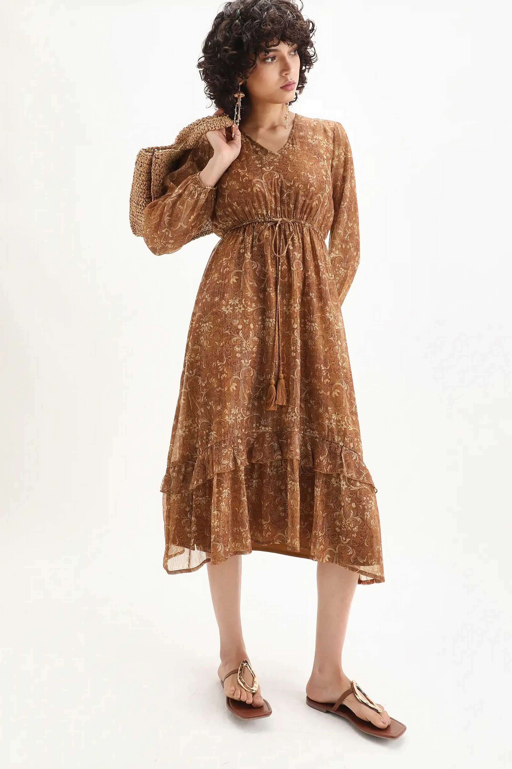 Printed-Polyester-V-Neck-Women-s-Dress