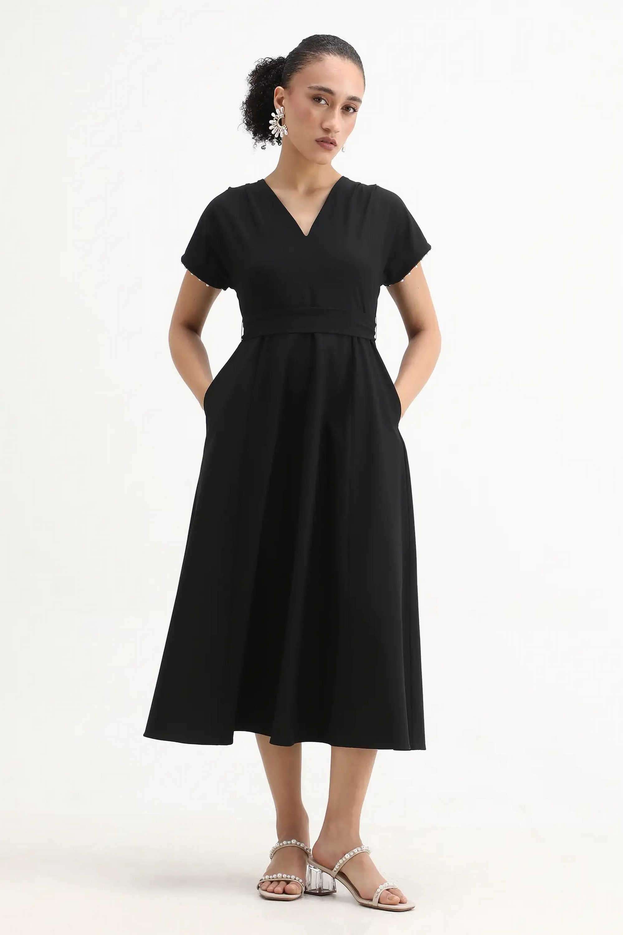 Solid-Blended-Fabric-V-Neck-Women-s-Dress