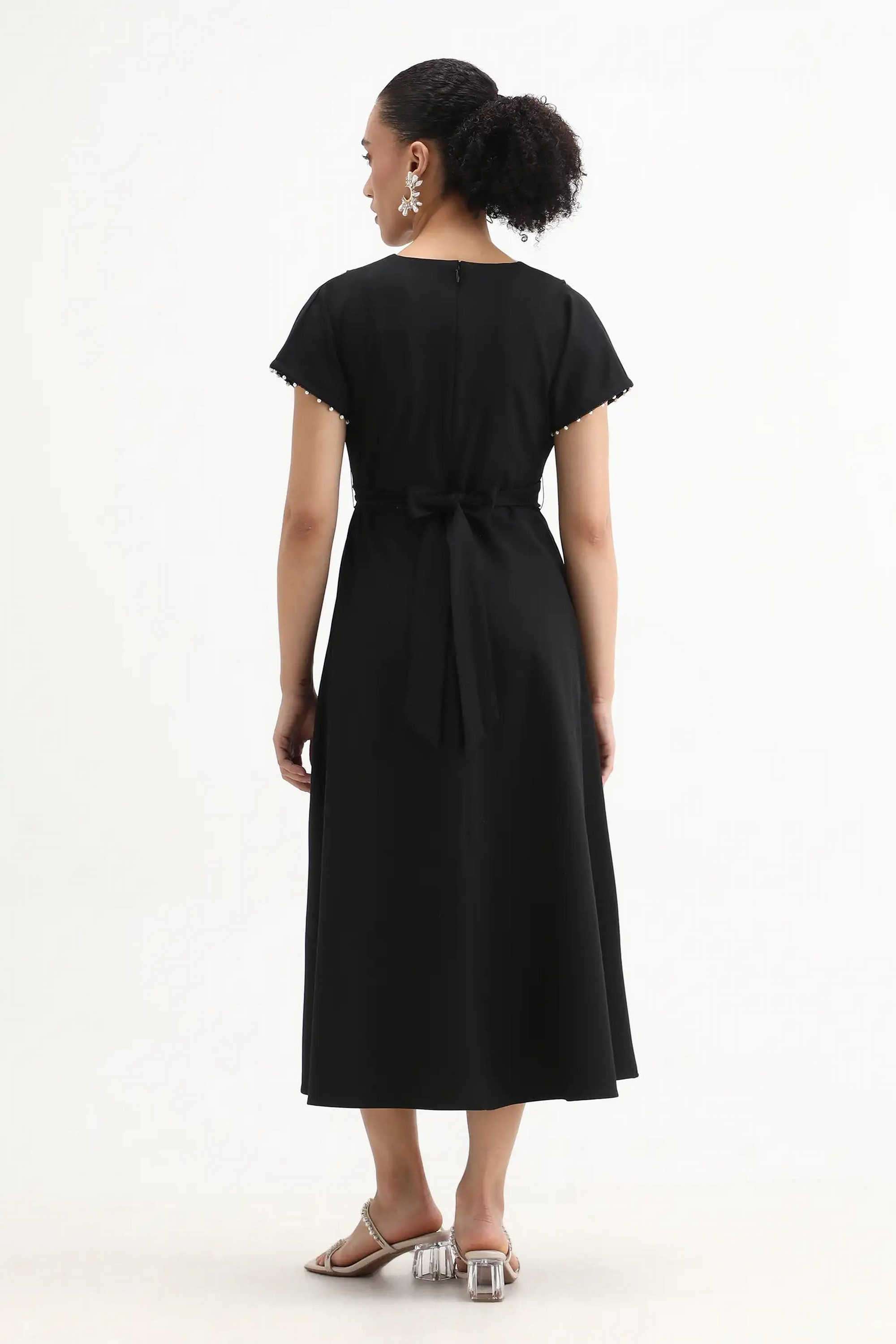 Solid-Blended-Fabric-V-Neck-Women-s-Dress