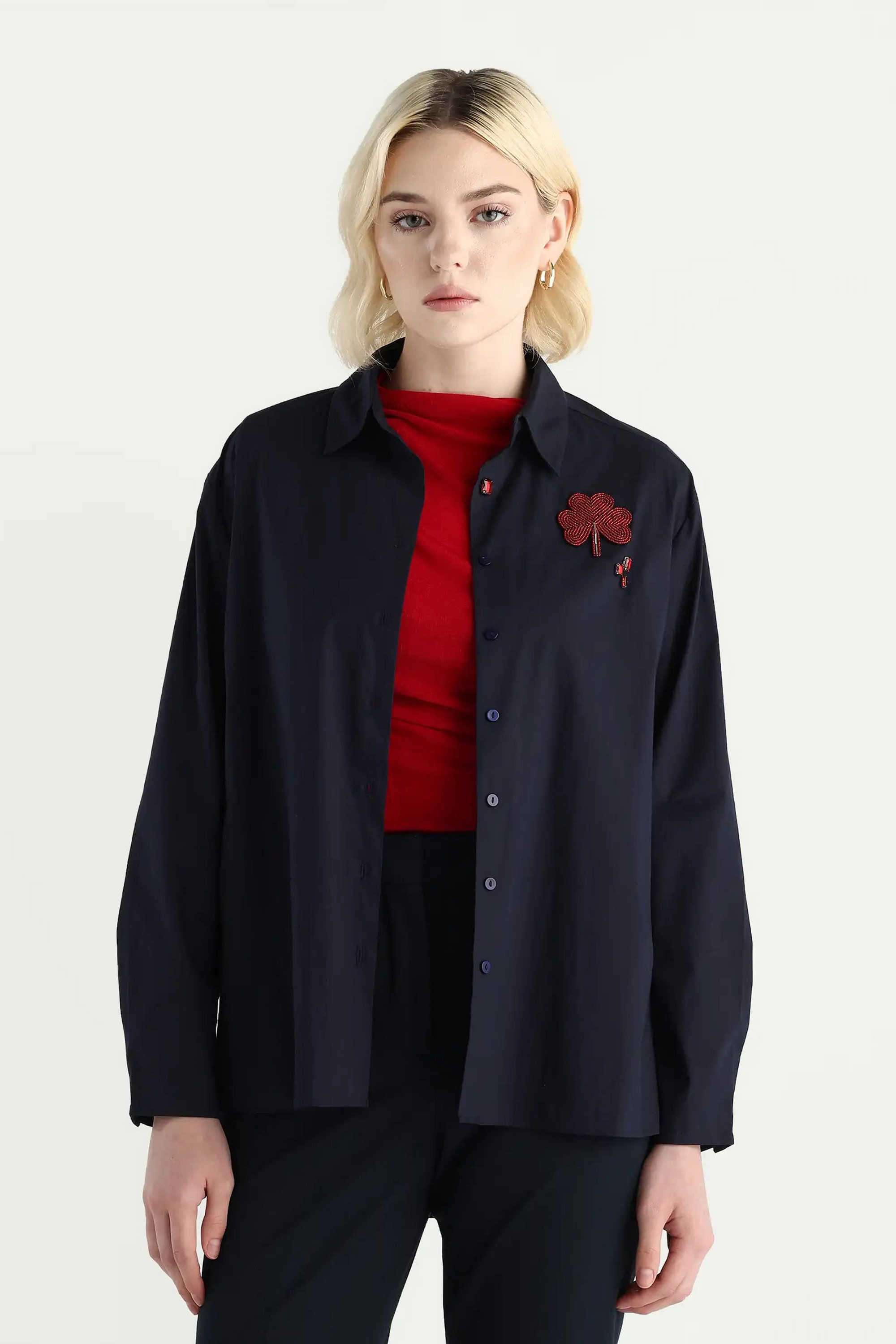 Solid-Blended-Fabric-Collared-Women-s-Shirt