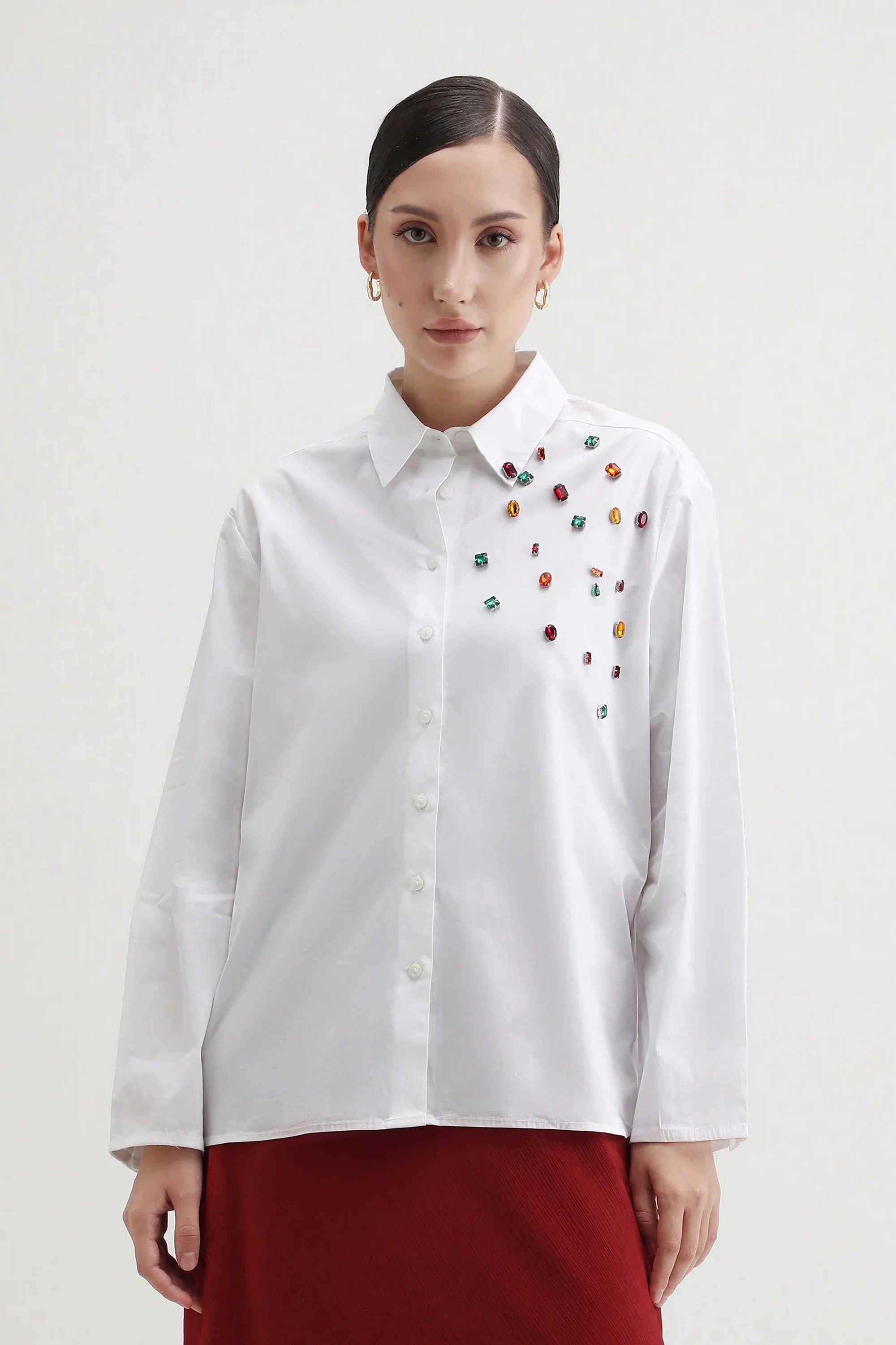 Solid-Blended-Fabric-Collared-Women-s-Shirt