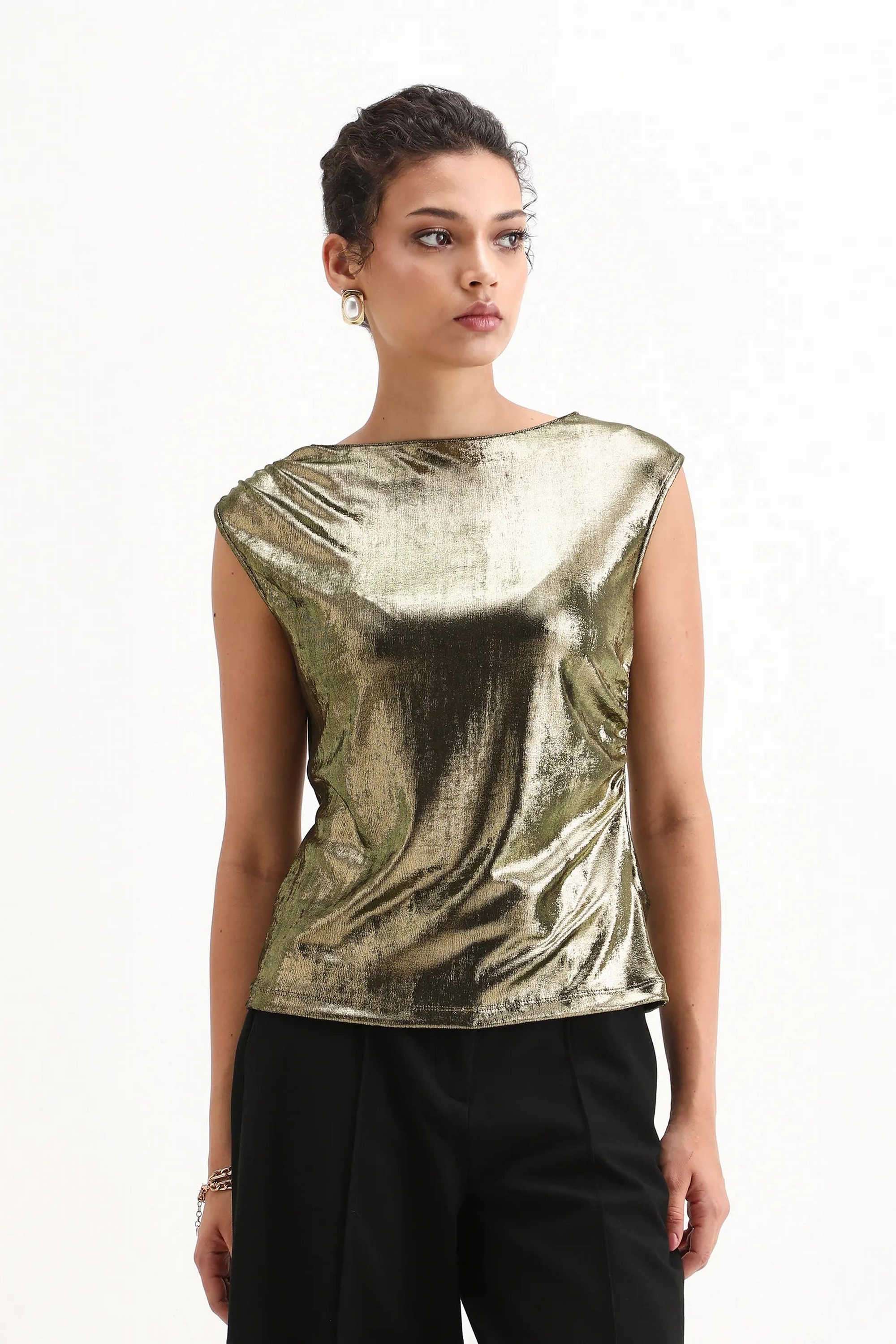 Solid-Polyester-Boat-Neck-Women-s-Top