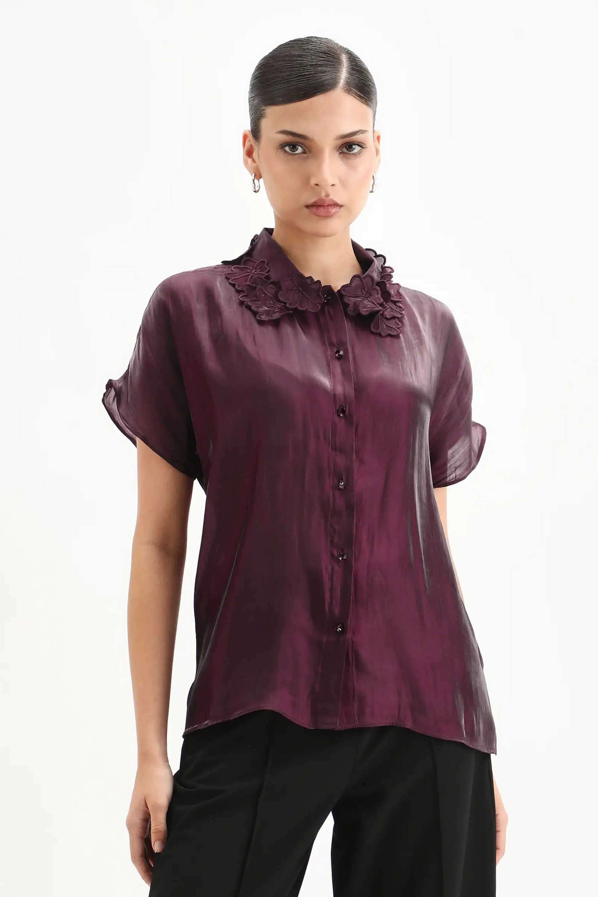 Solid-Polyester-Collared-Women-s-Shirt