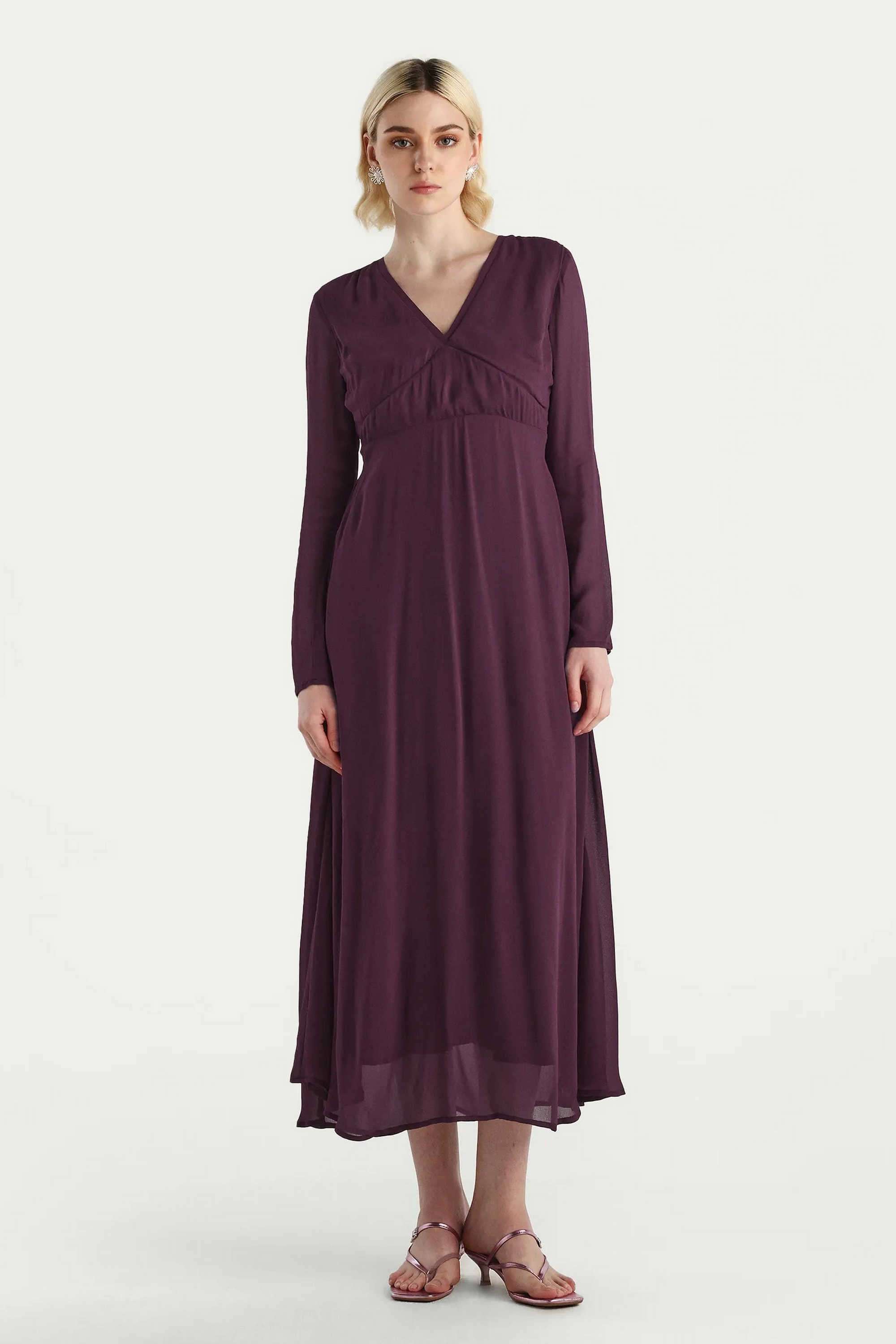Solid-Viscose-V-Neck-Women-s-Dress