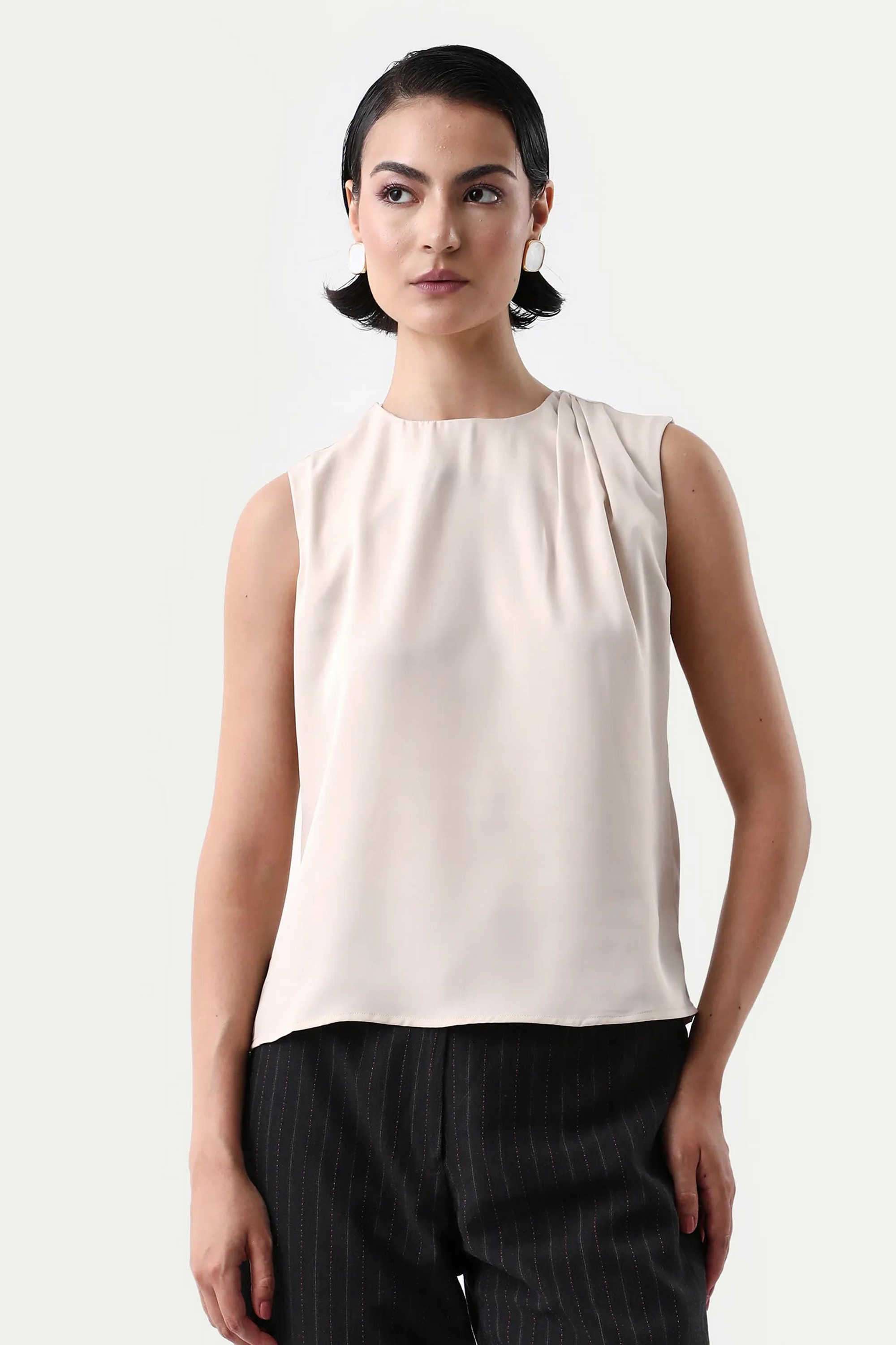 Solid-Polyester-Round-Neck-Women-s-Top