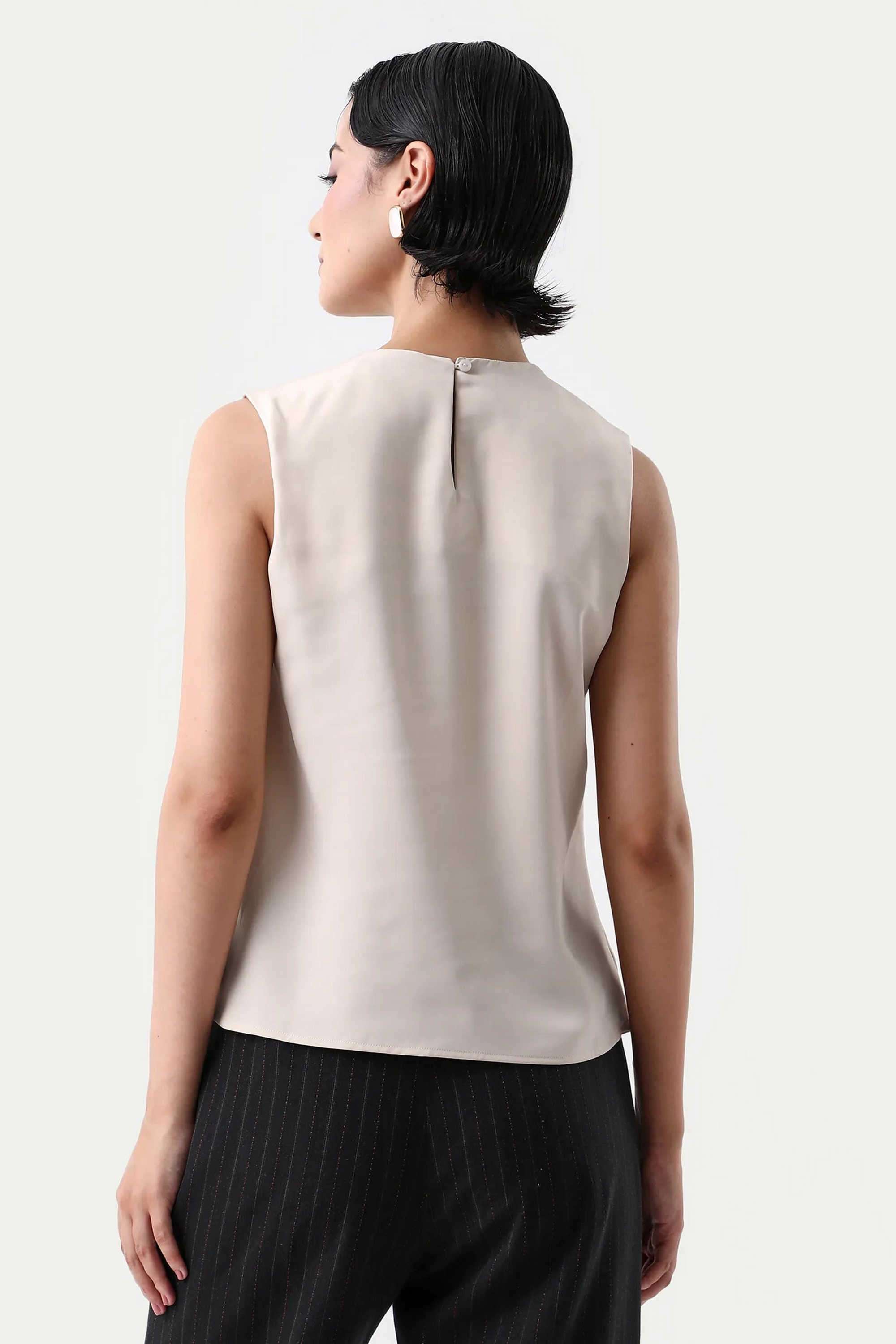 Solid-Polyester-Round-Neck-Women-s-Top