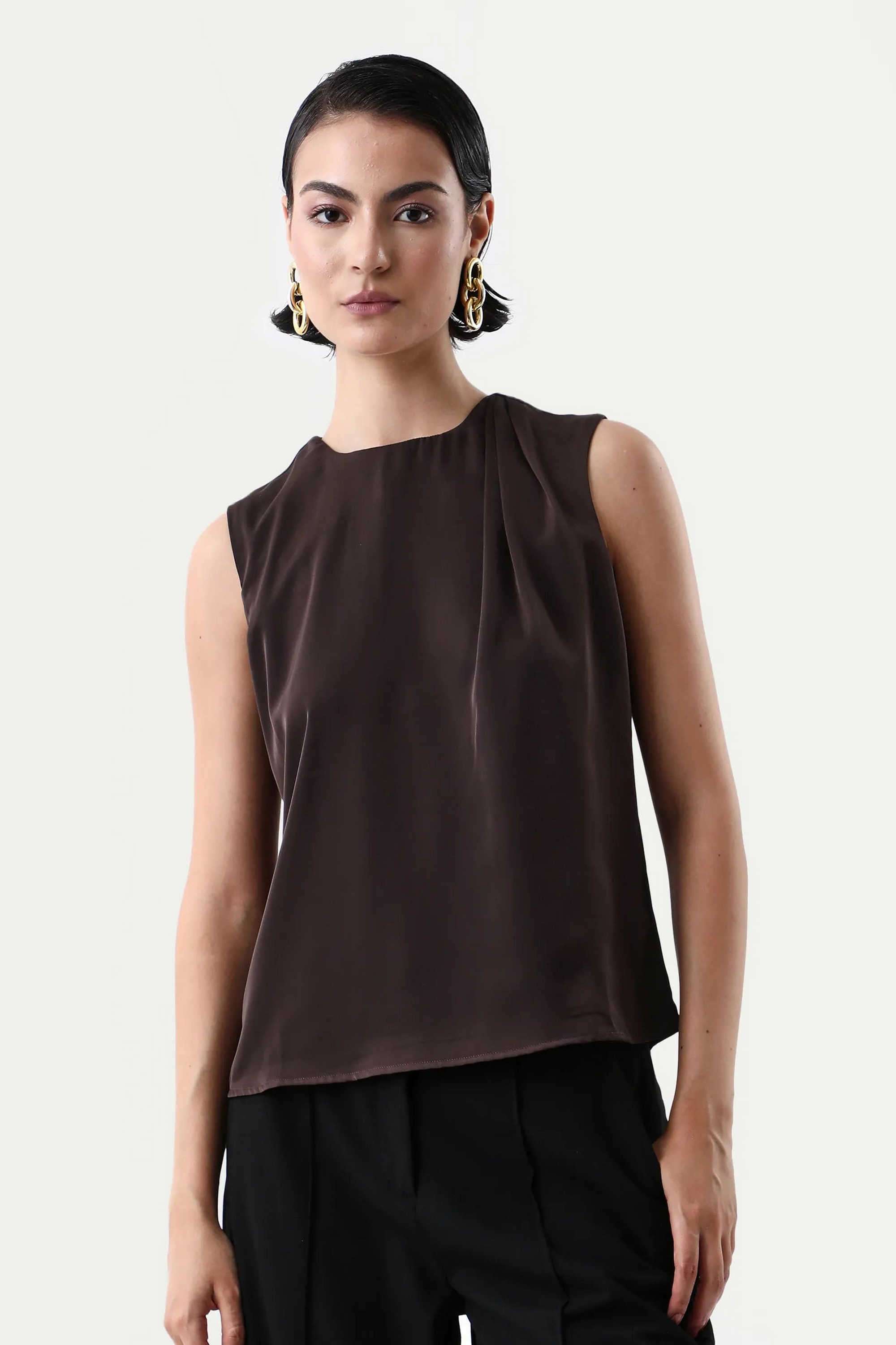 Solid-Polyester-Round-Neck-Women-s-Top