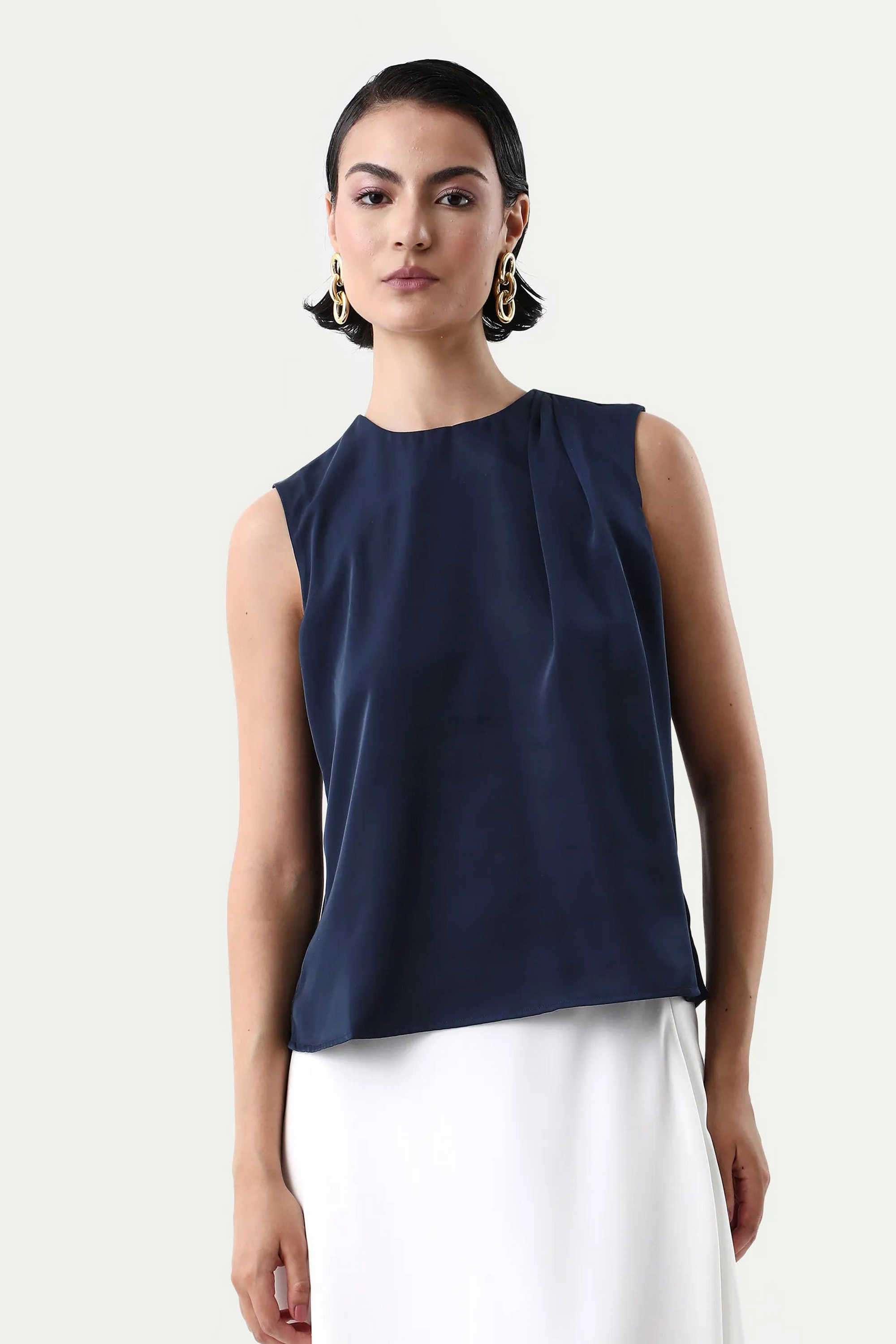 Solid-Polyester-Round-Neck-Women-s-Top