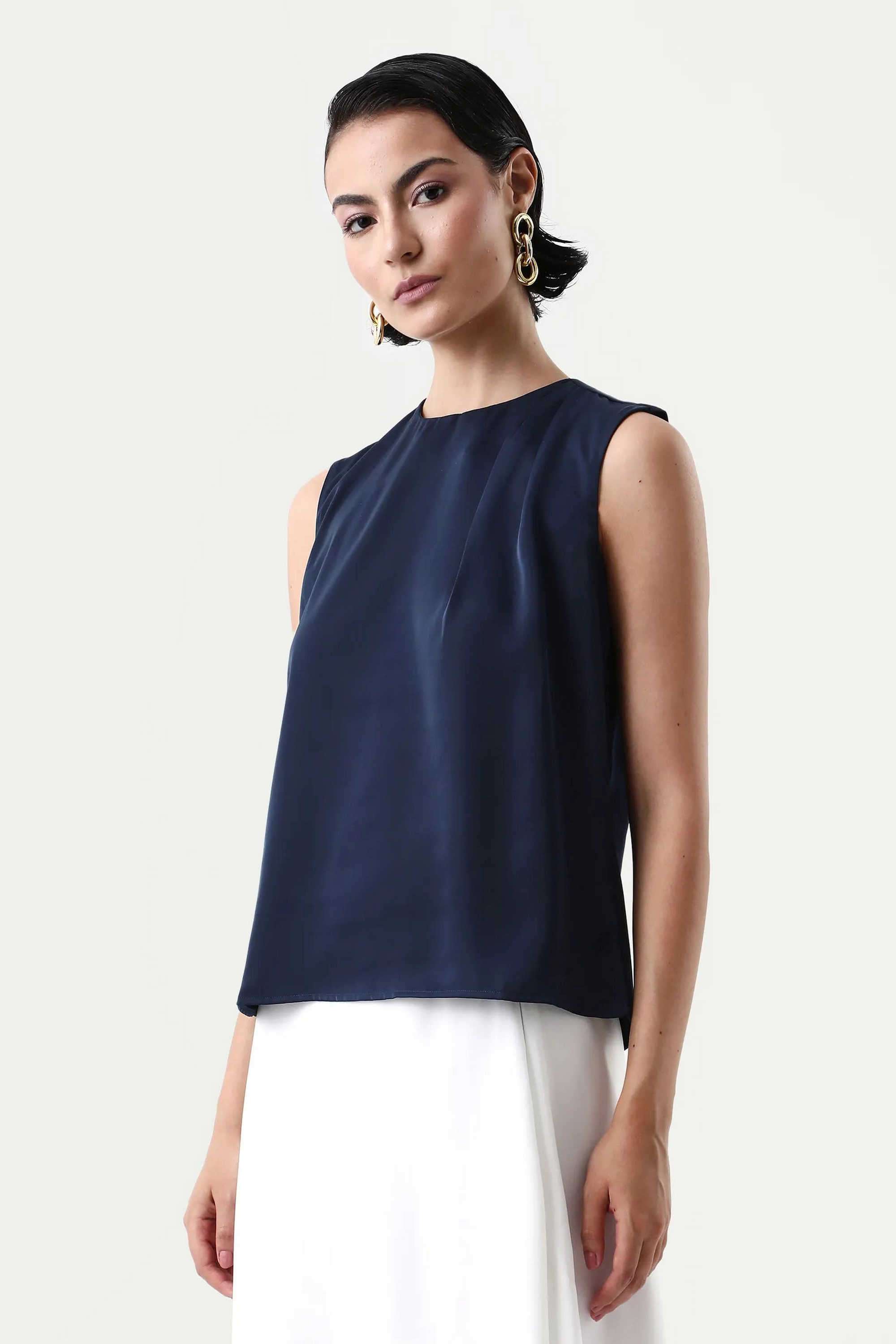 Solid-Polyester-Round-Neck-Women-s-Top