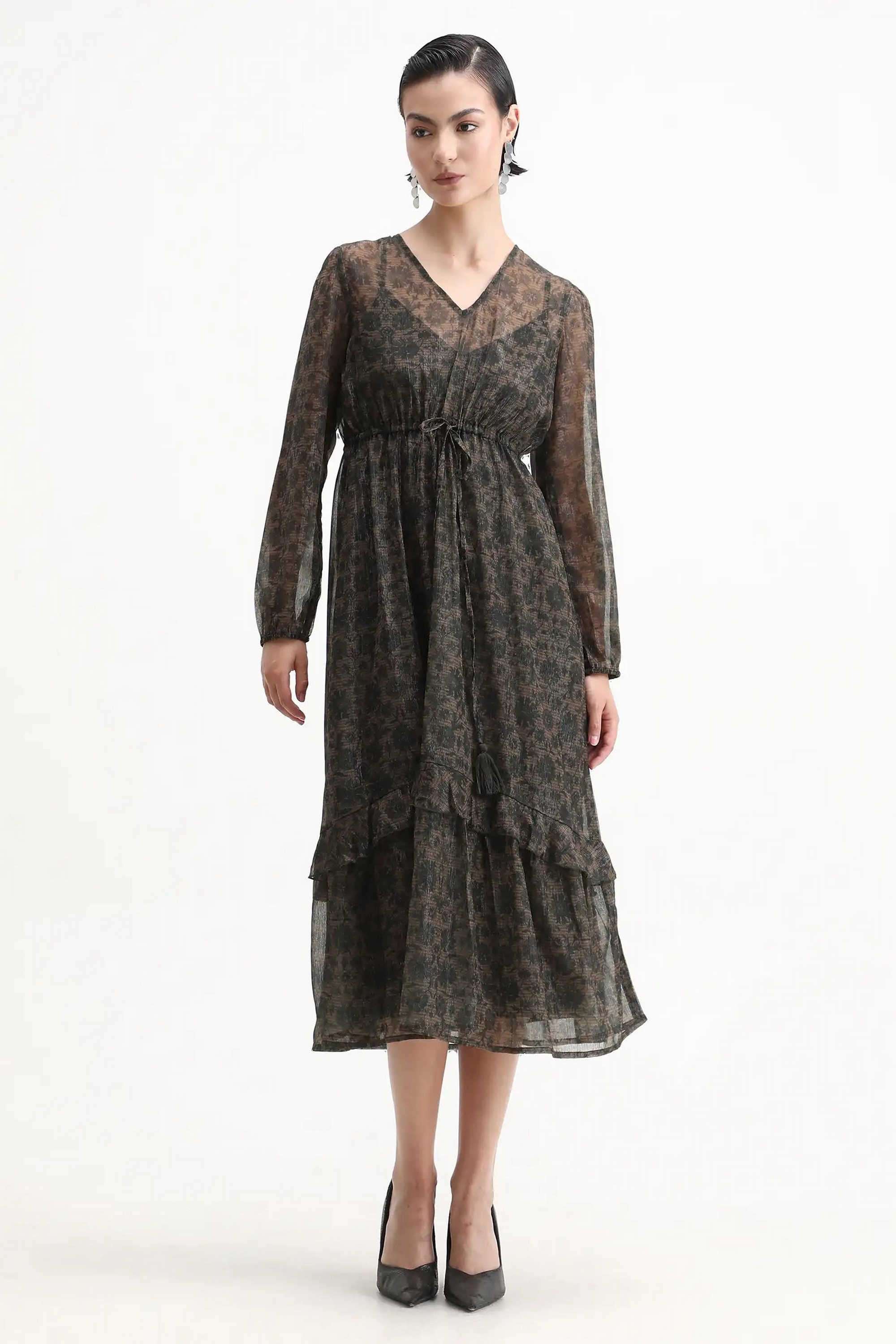 Floral-Polyester-V-Neck-Women-s-Dress