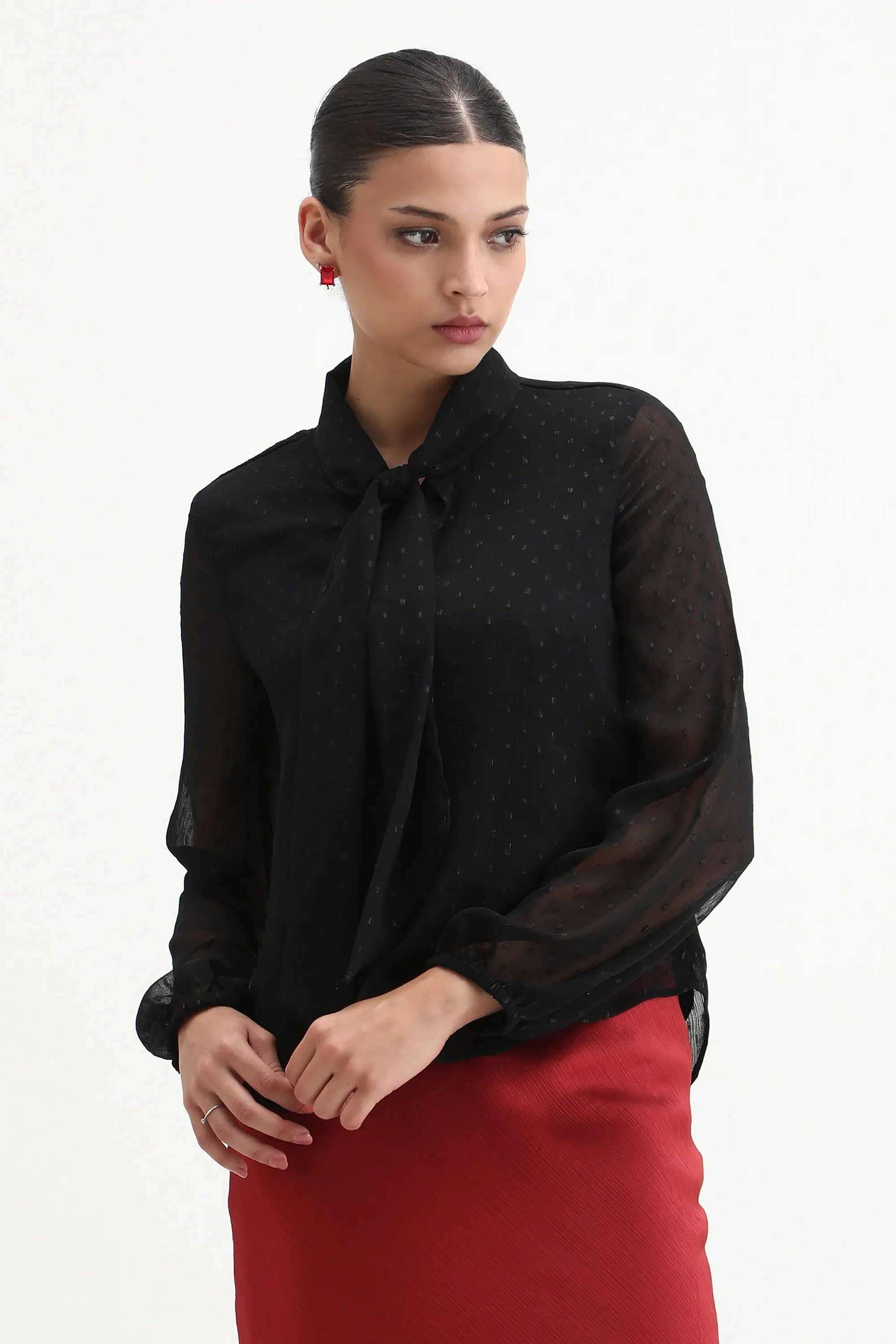 Solid-Polyester-Tie-Up-Neck-Women-s-Top