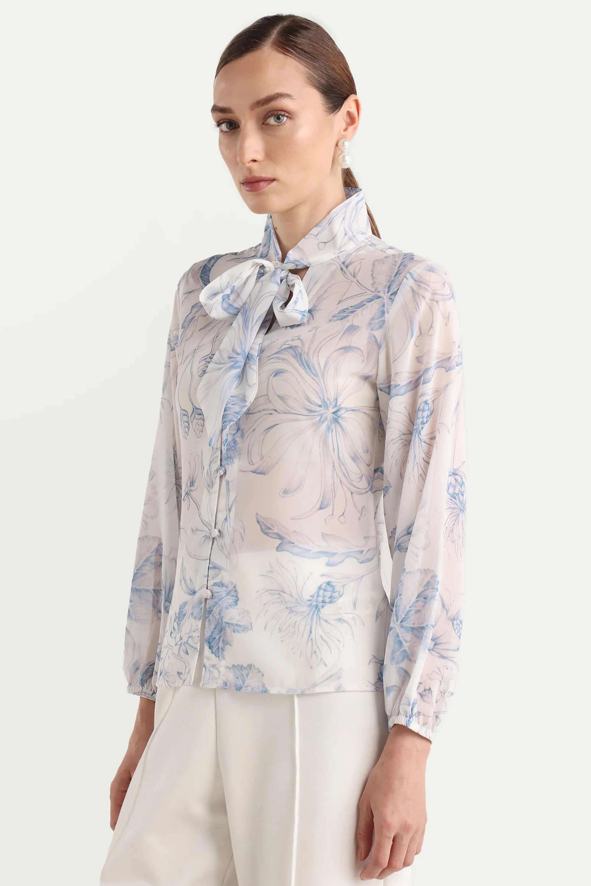 Floral-Polyester-Tie-Up-Neck-Women-s-Top