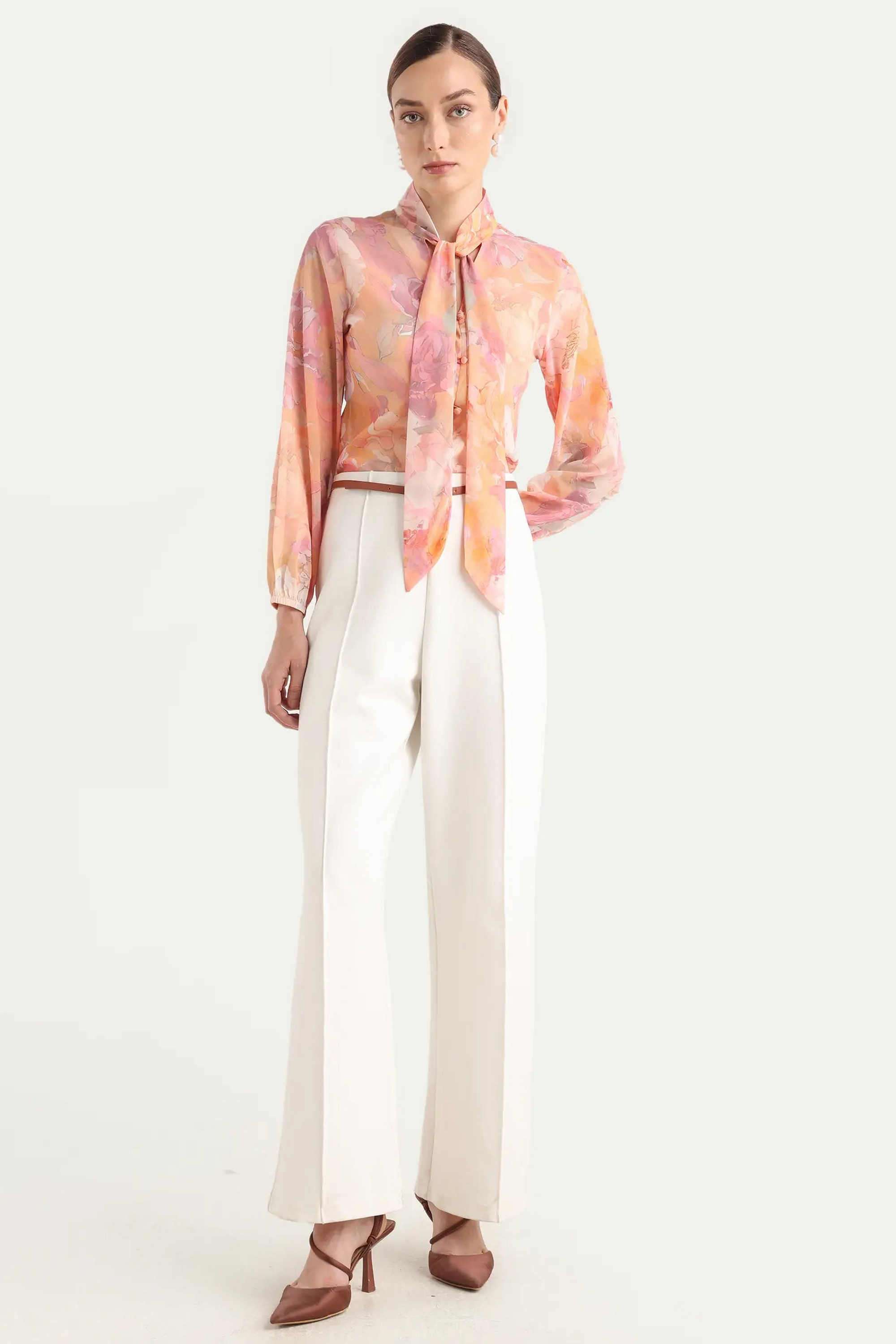 Floral-Polyester-Tie-Up-Neck-Women-s-Top