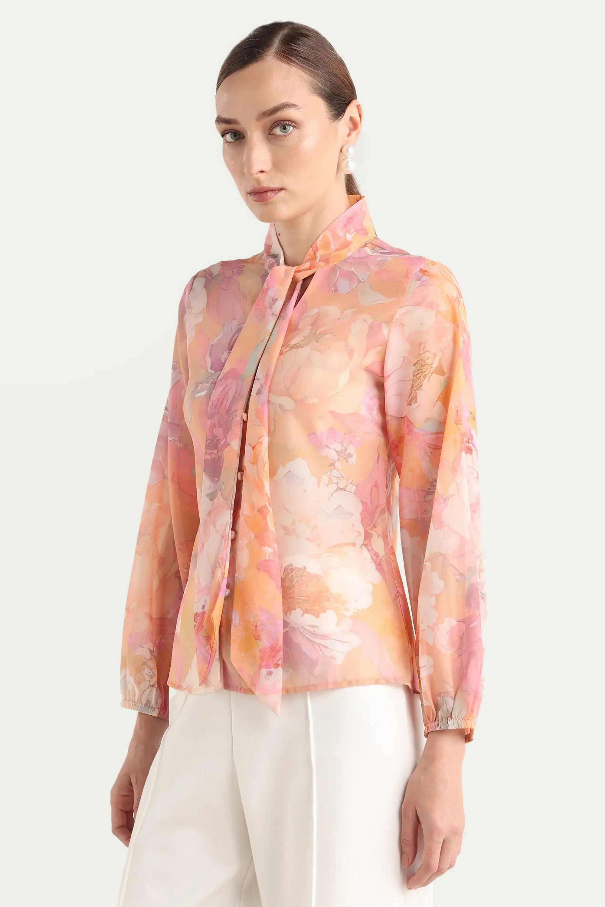 Floral-Polyester-Tie-Up-Neck-Women-s-Top