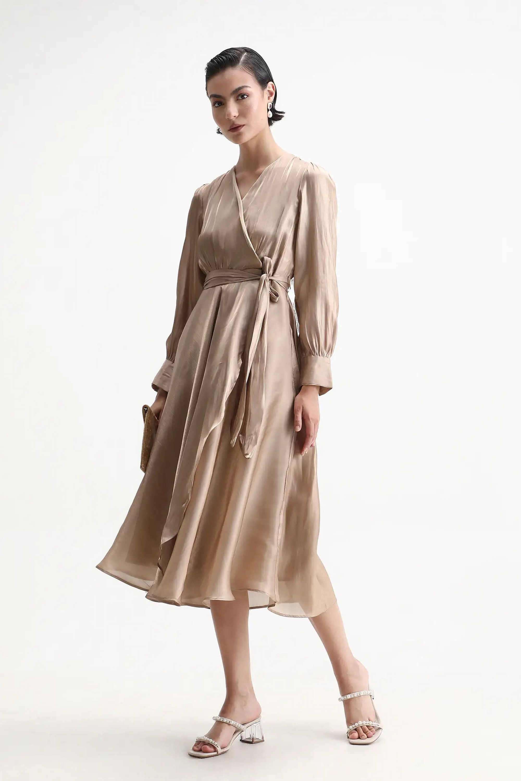 Solid-Polyester-V-Neck-Women-s-Dress