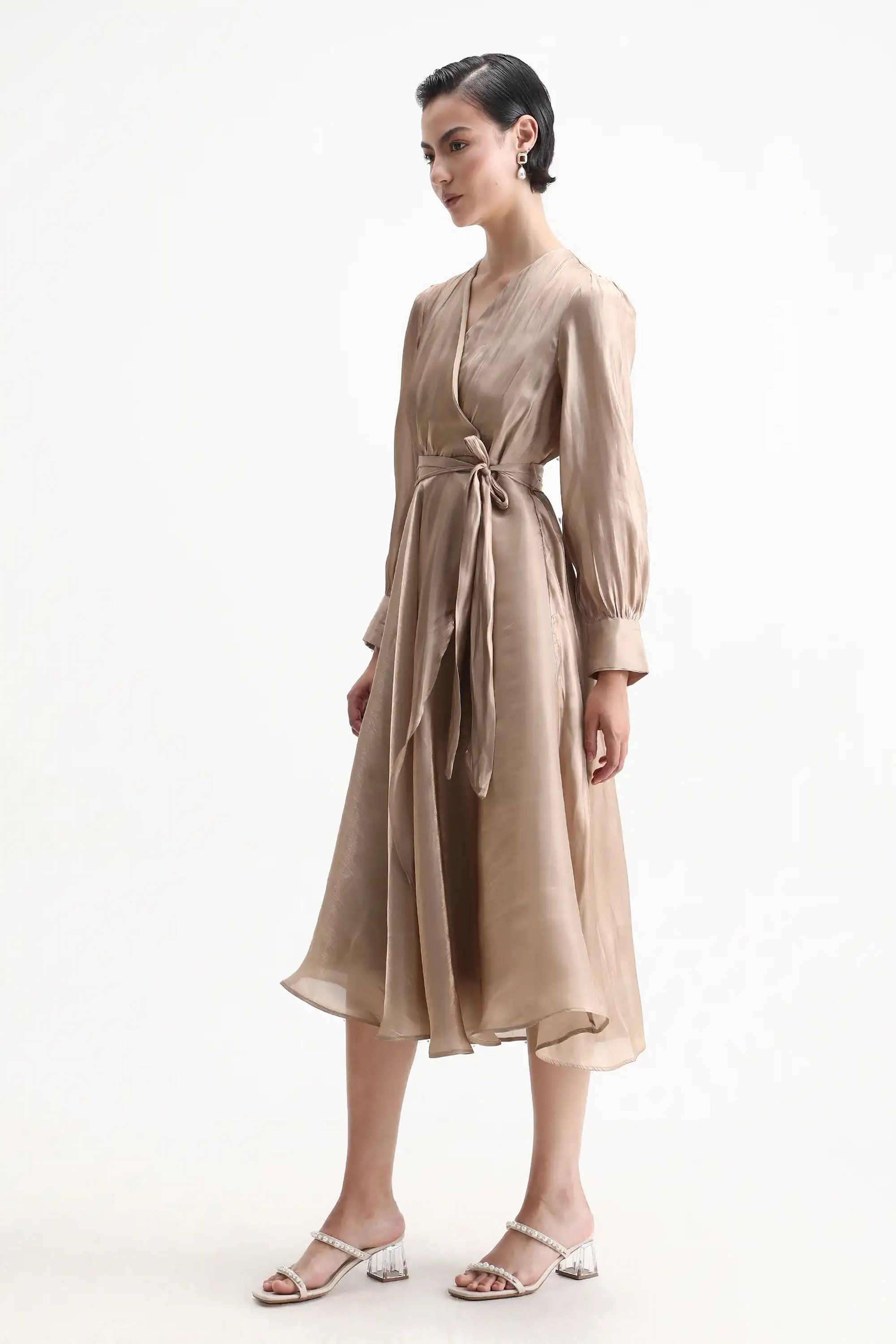 Solid-Polyester-V-Neck-Women-s-Dress