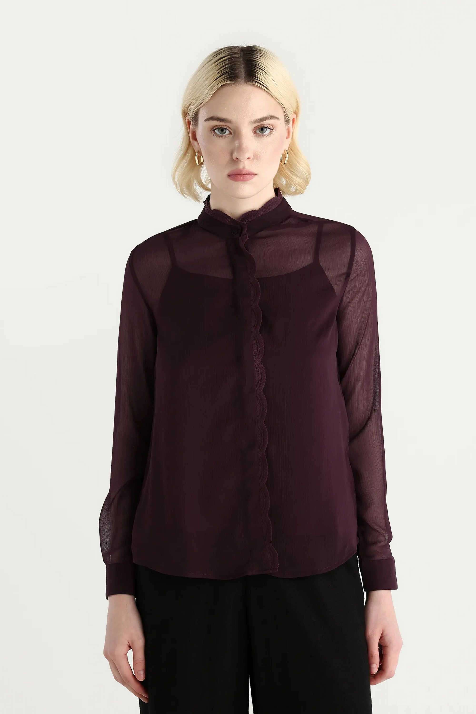Solid-Polyester-Collared-Women-s-Shirt