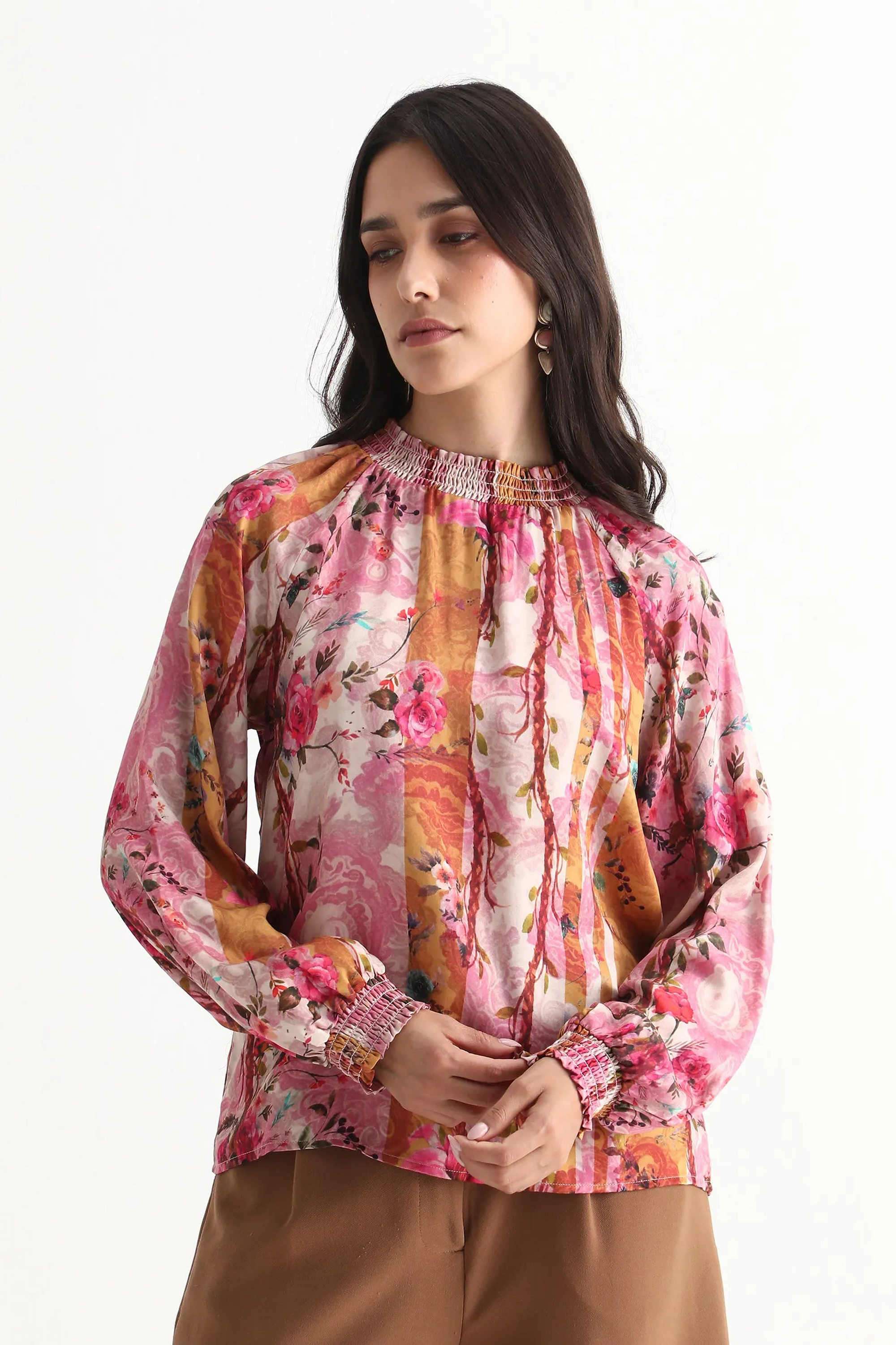 Floral-Cotton-Blend-High-Neck-Women-s-Top