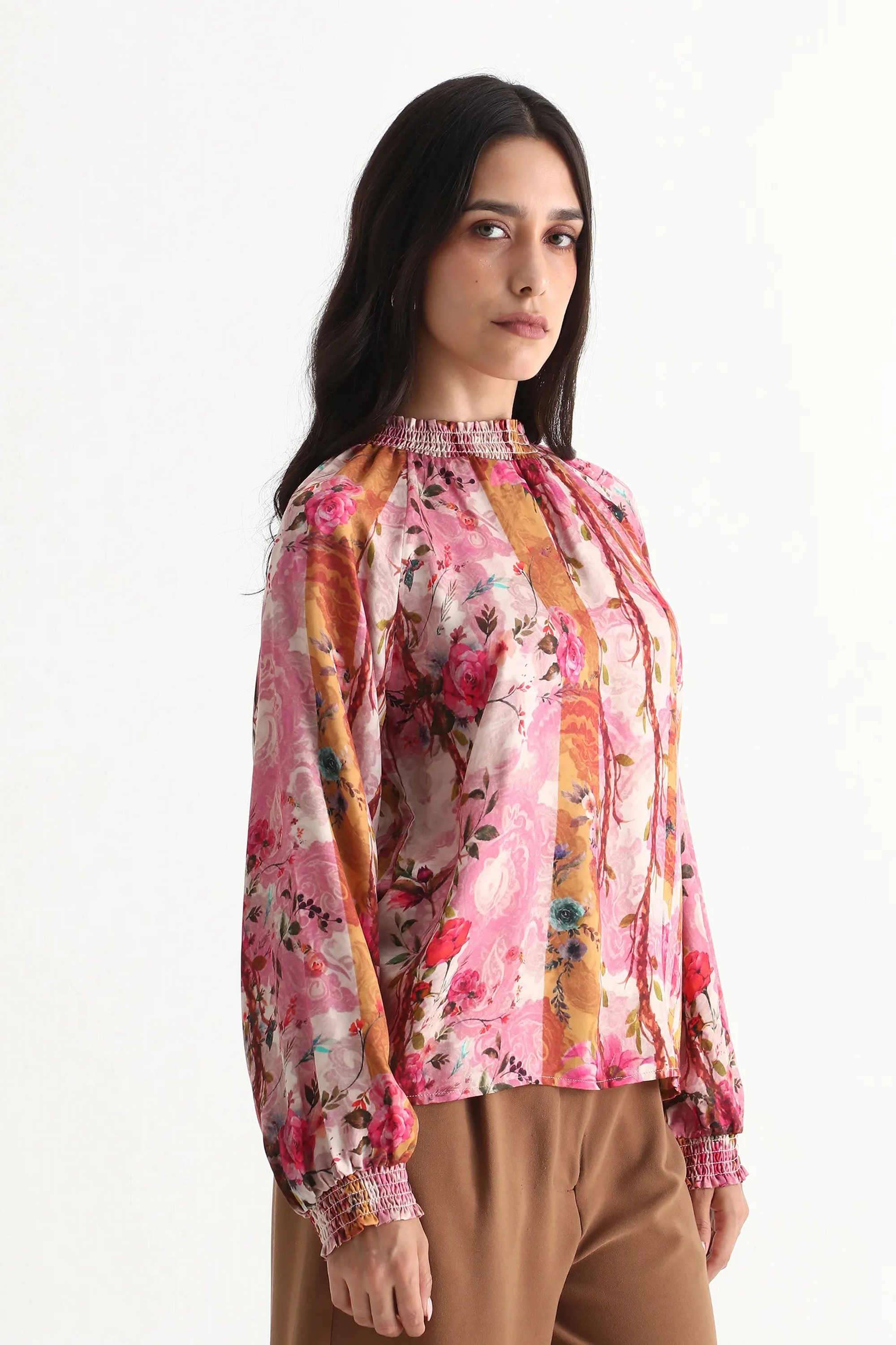 Floral-Cotton-Blend-High-Neck-Women-s-Top