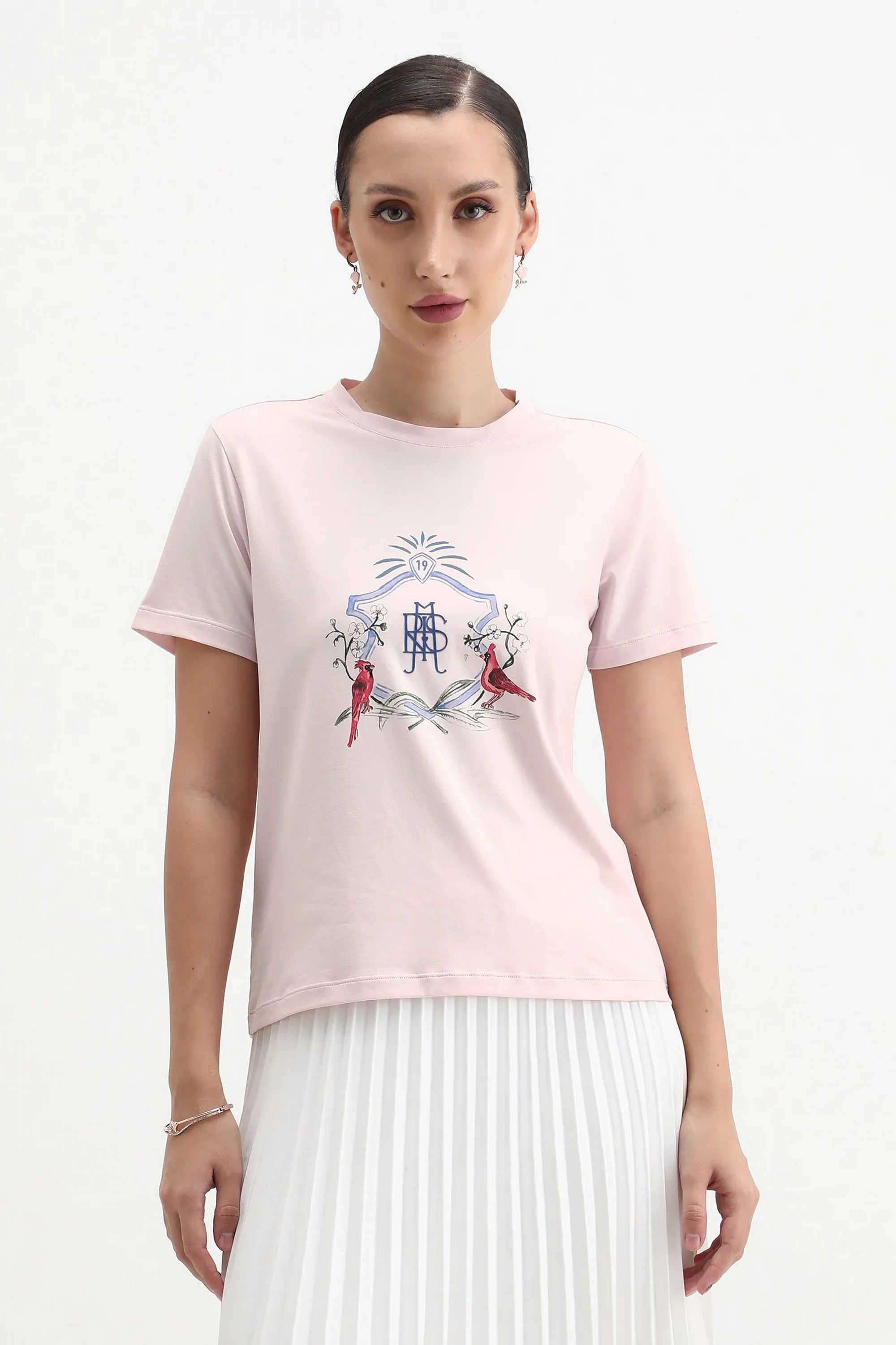 Graphic-Print-Blended-Fabric-Round-Neck-Women-s-T-Shirt