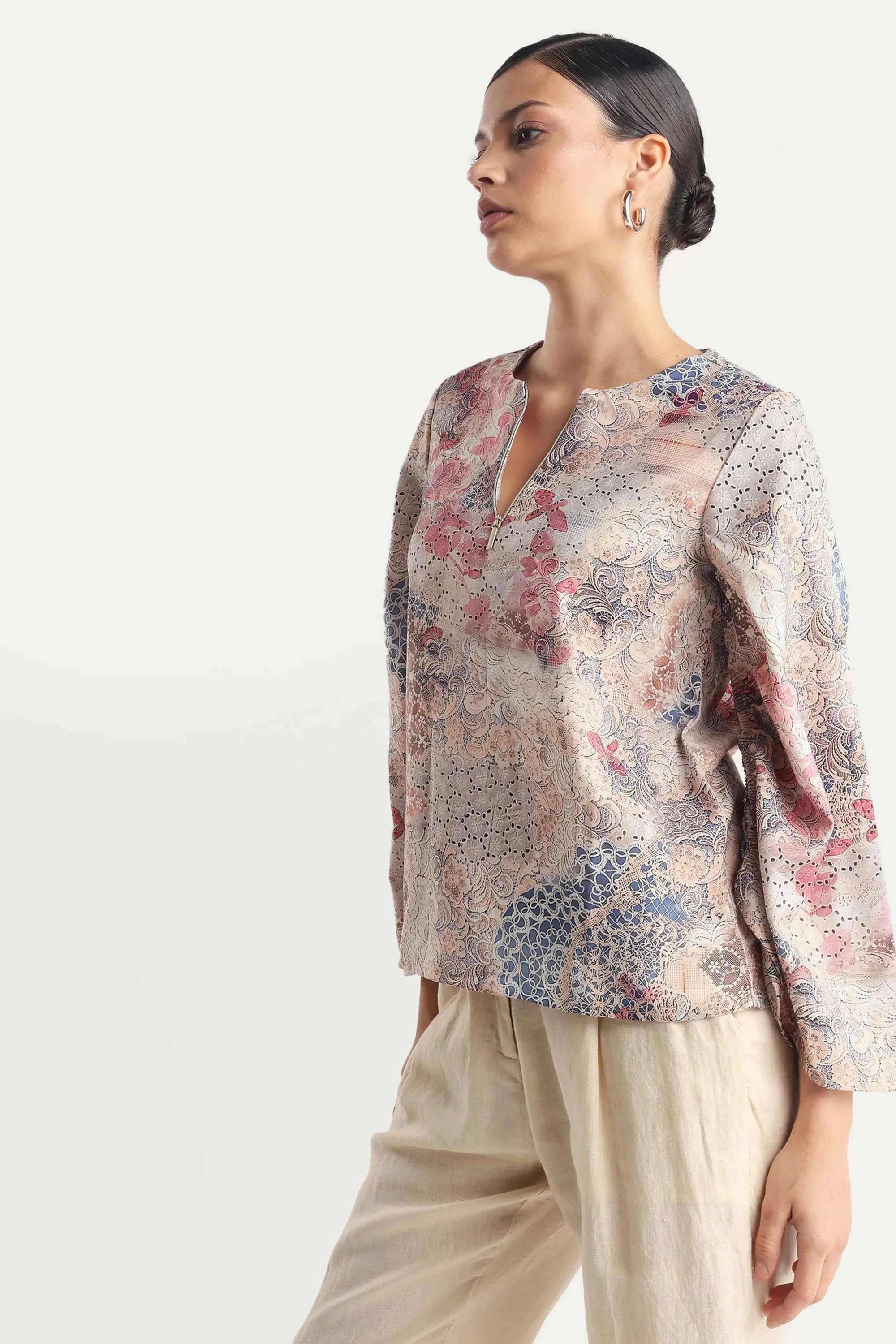 Printed-Satin-Round-Neck-Women-s-Top