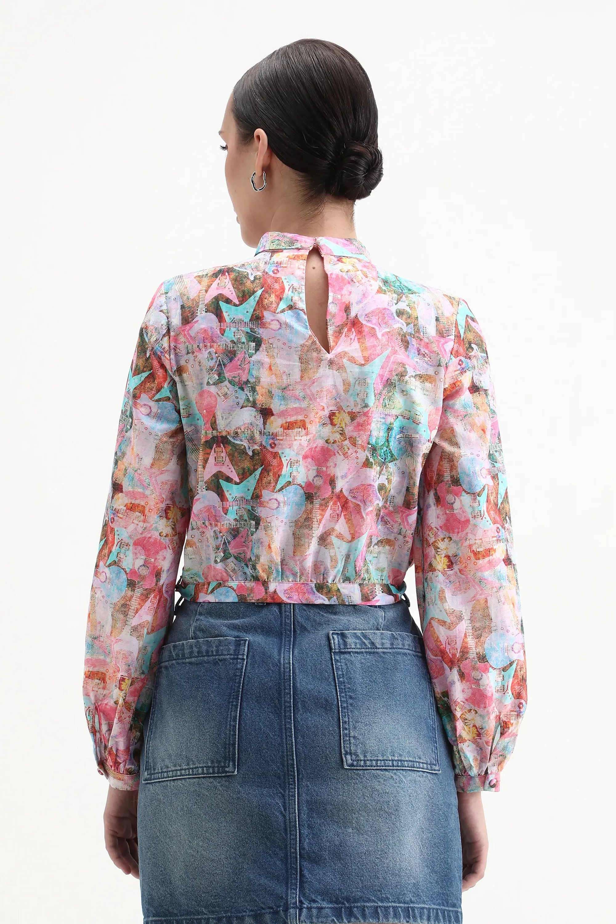 Printed-Blended-Fabric-High-Neck-Women-s-Top