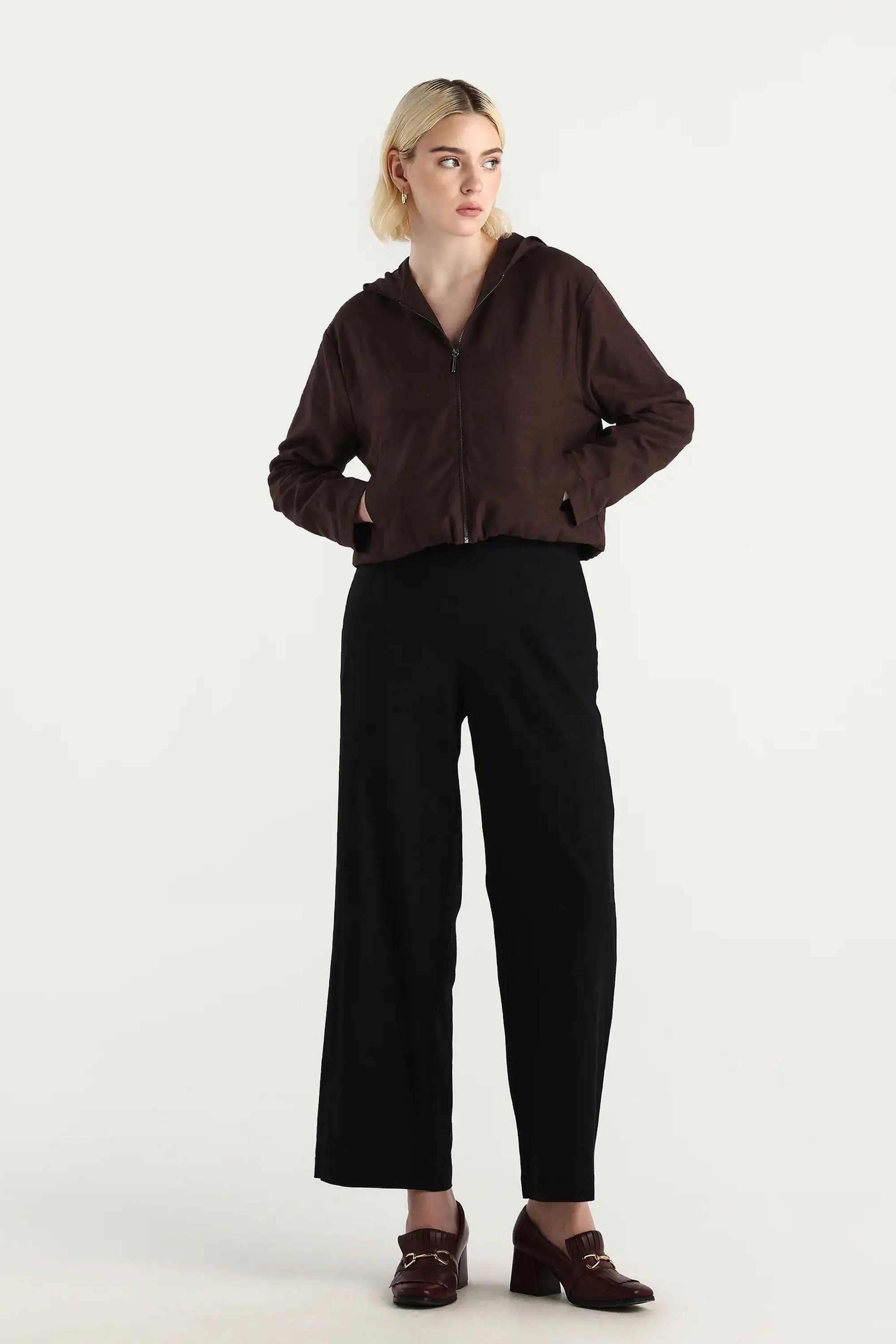 Solid-Linen-Blend-Hooded-Women-s-Jacket