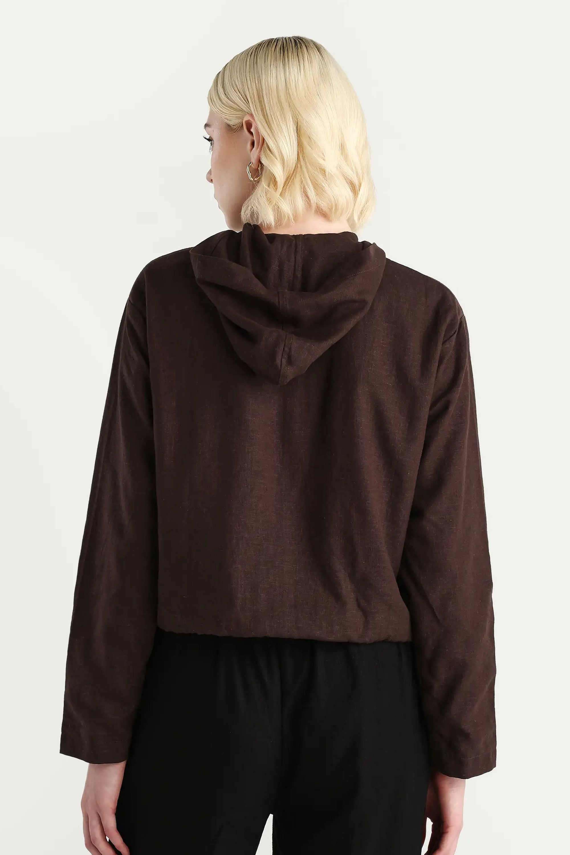 Solid-Linen-Blend-Hooded-Women-s-Jacket