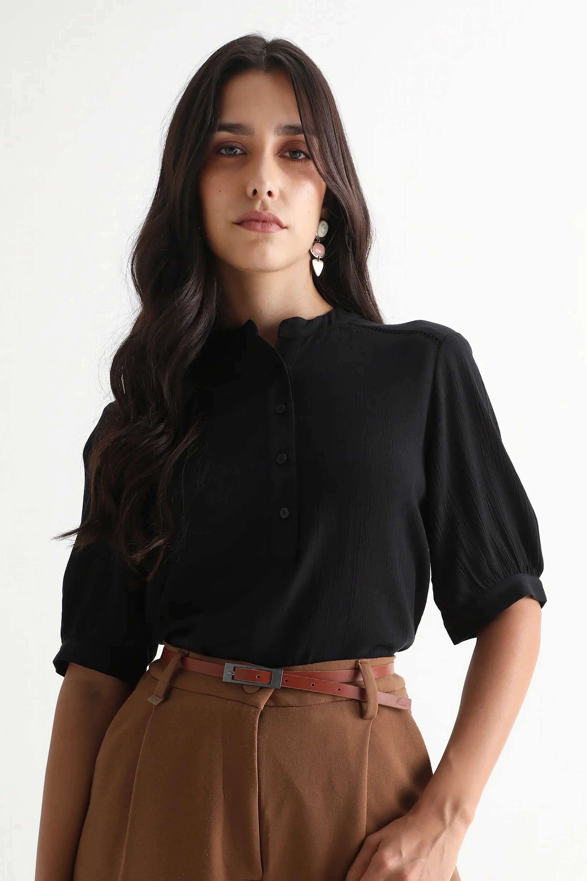 Solid-Viscose-Collared-Women-s-Top