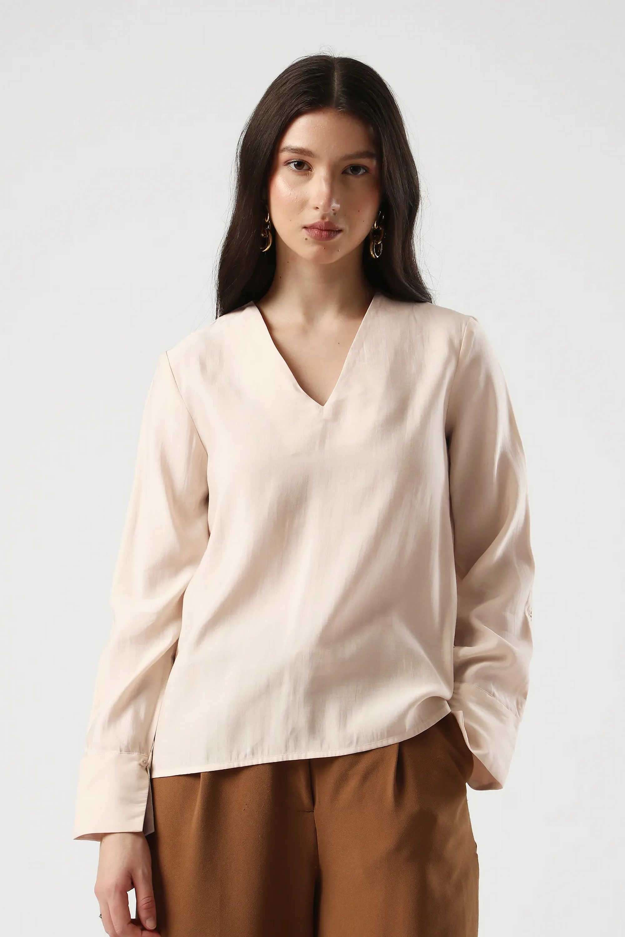 Solid-Blended-Fabric-V-Neck-Women-s-Top