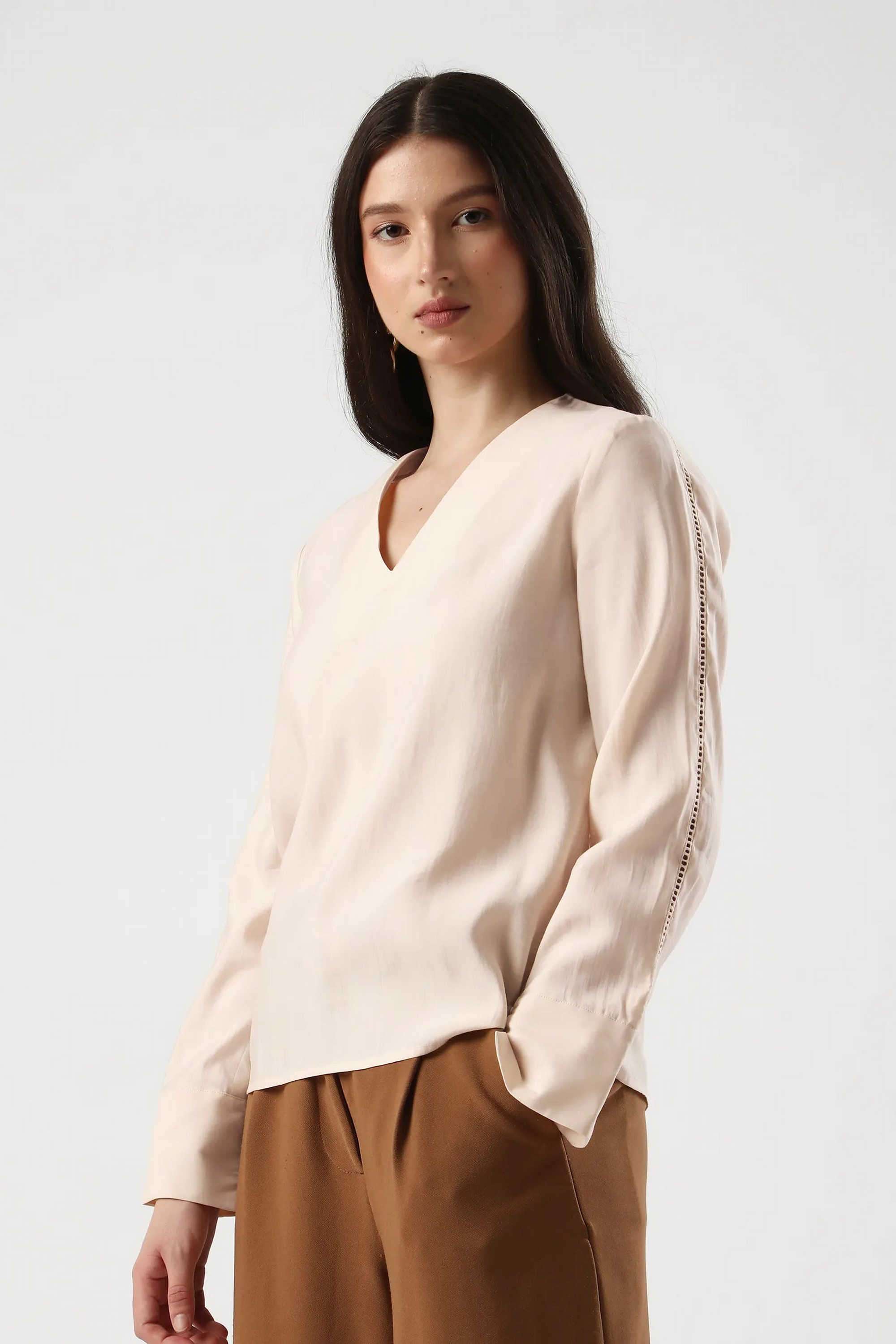 Solid-Blended-Fabric-V-Neck-Women-s-Top