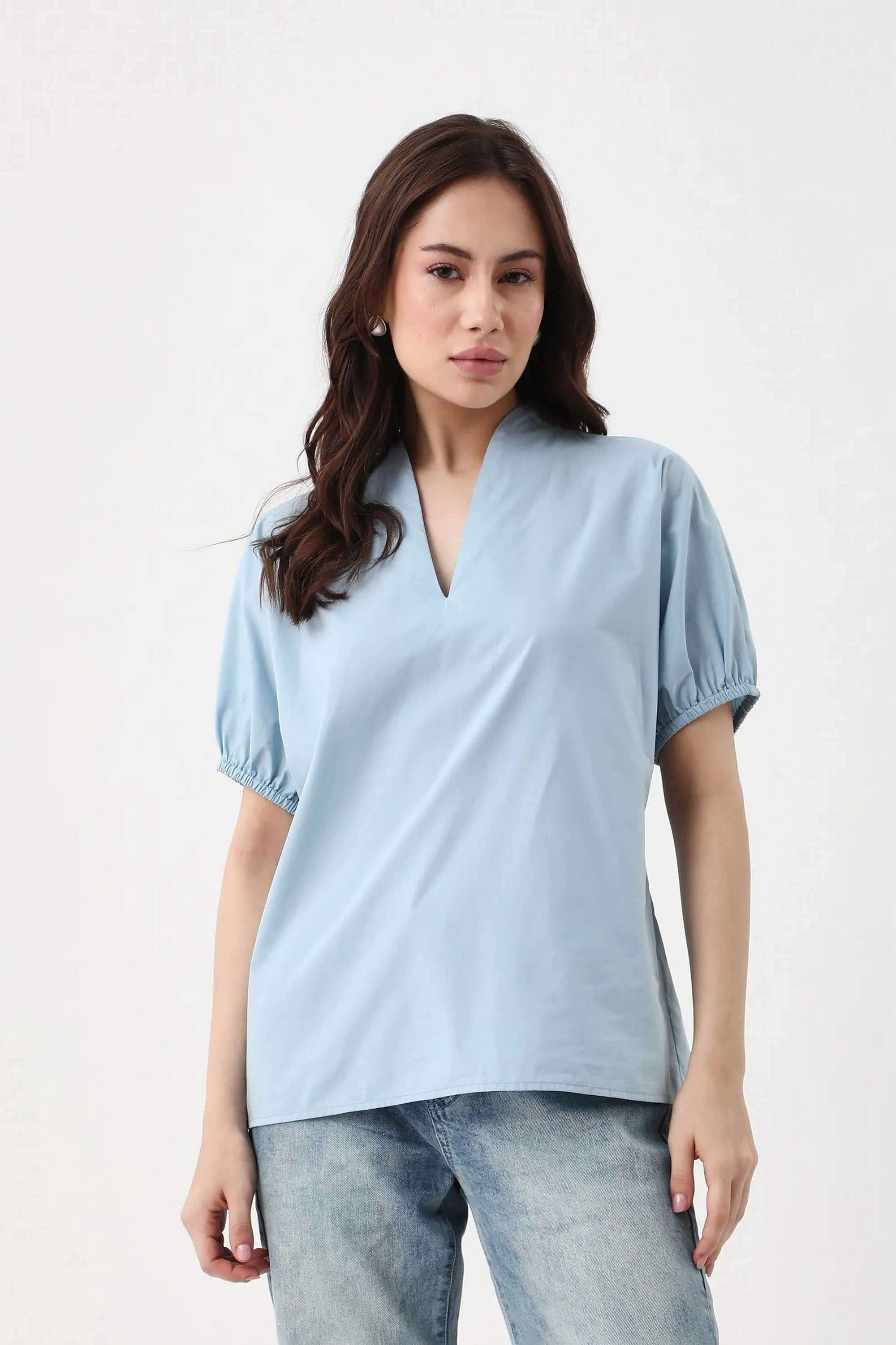 Solid-V-Neck-Cotton-Women-s-Casual-Wear-Top