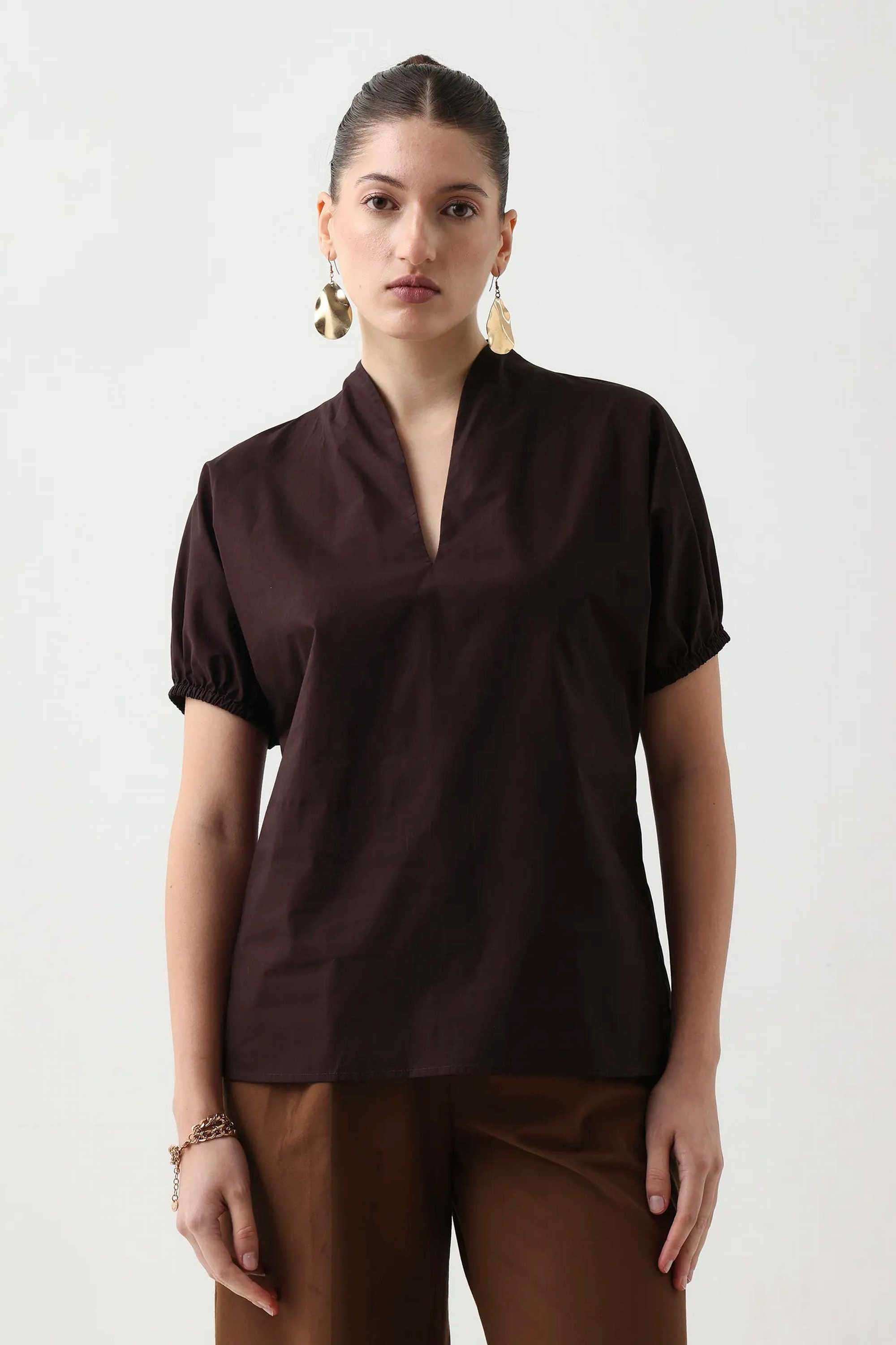 Solid-V-Neck-Cotton-Women-s-Casual-Wear-Top