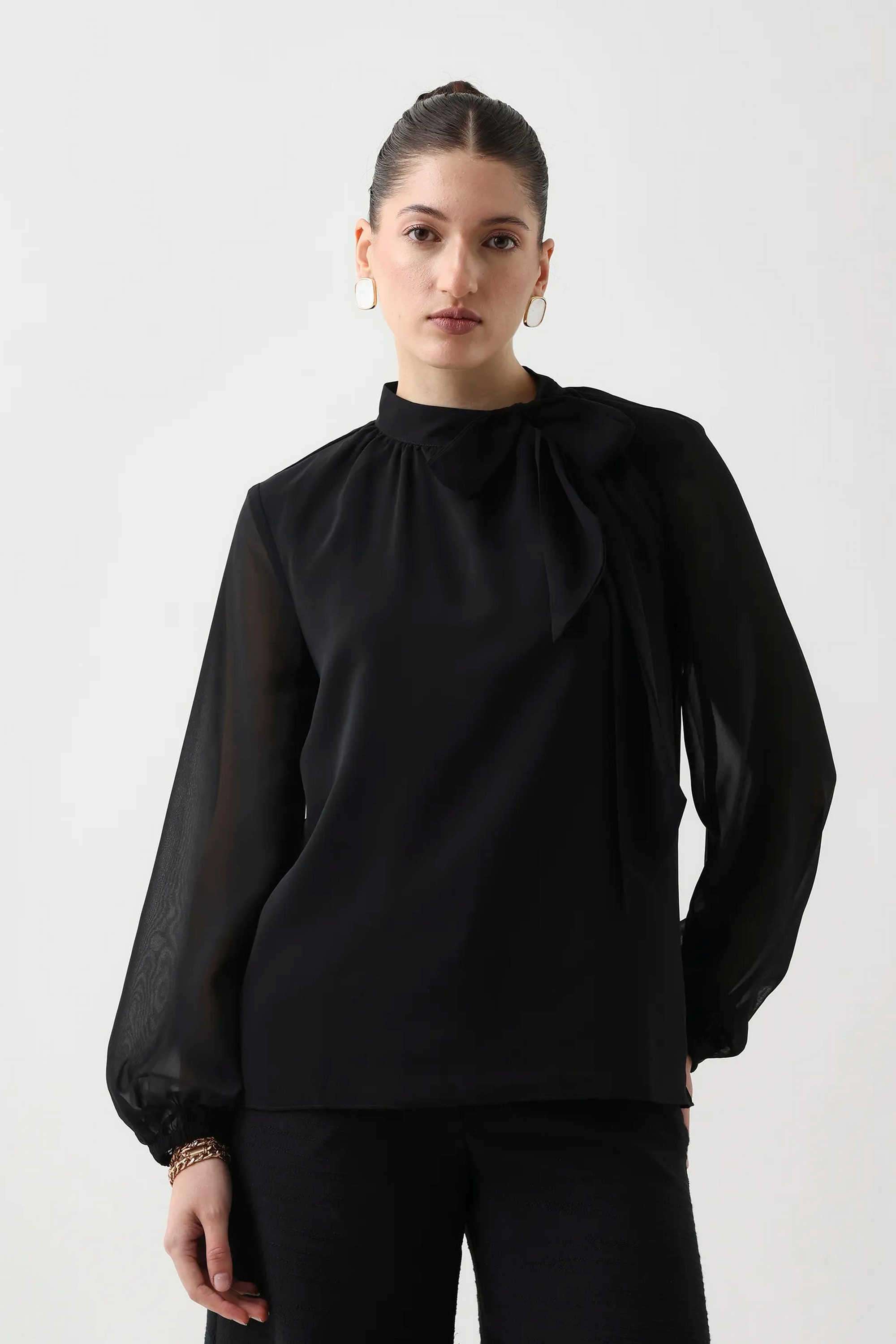 Solid-Tie-Up-Neck-Polyester-Women-s-Casual-Wear-Top