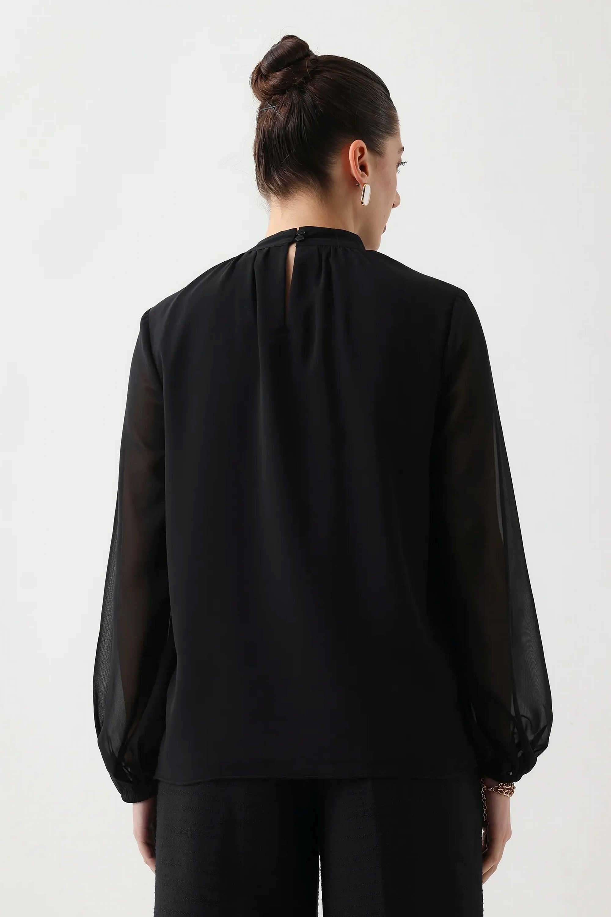 Solid-Tie-Up-Neck-Polyester-Women-s-Casual-Wear-Top