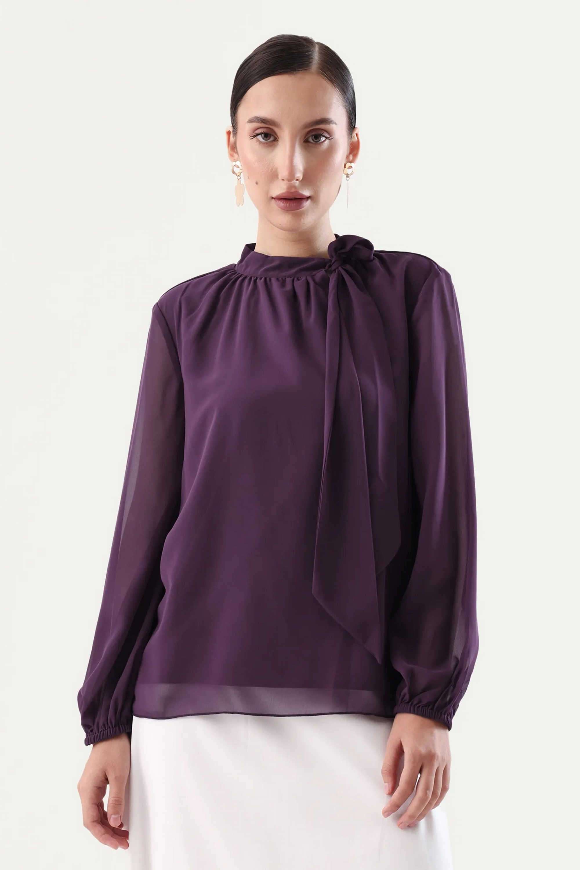 Solid-Tie-Up-Neck-Polyester-Women-s-Casual-Wear-Top