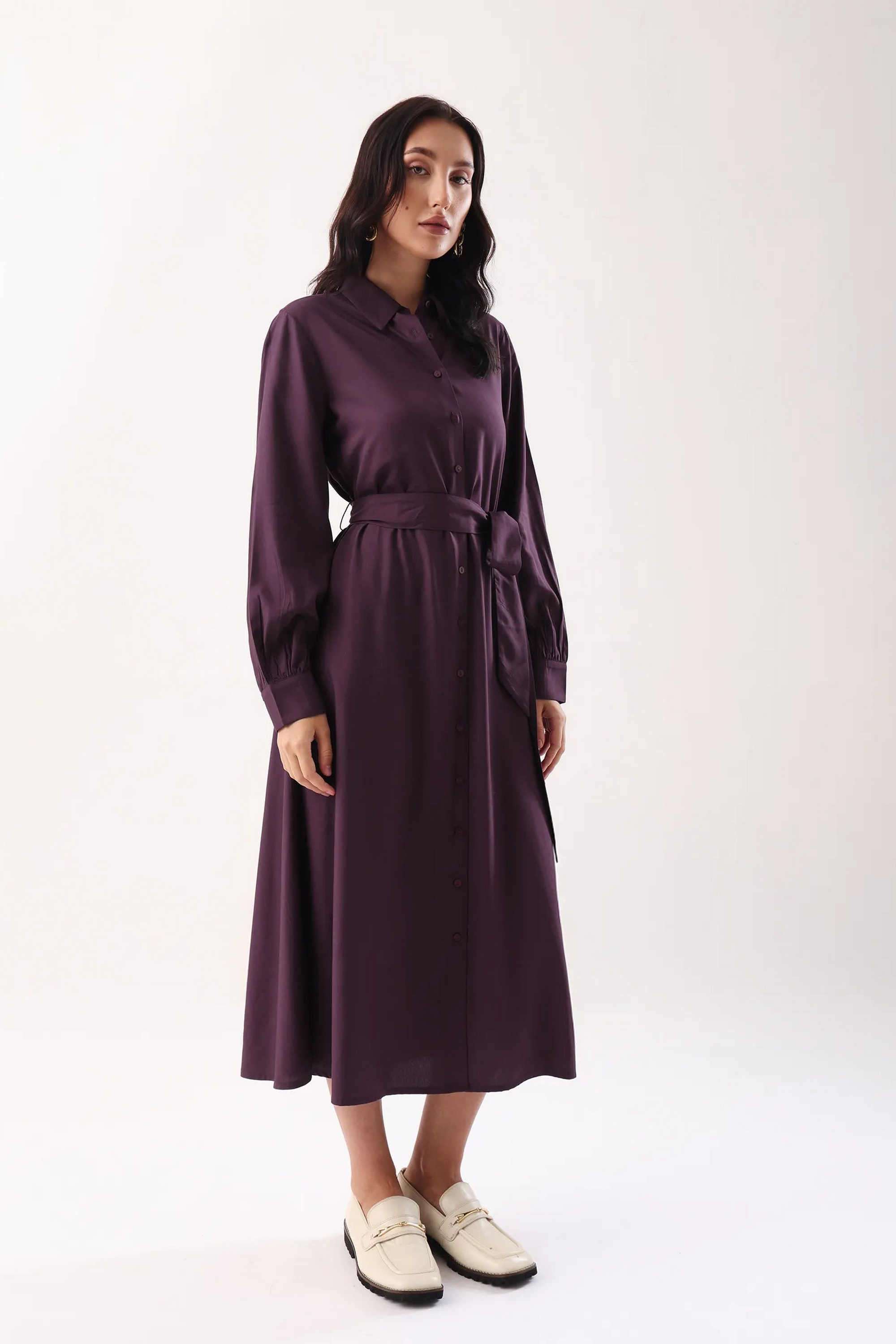 Solid-Viscose-Collared-Women-s-Dress