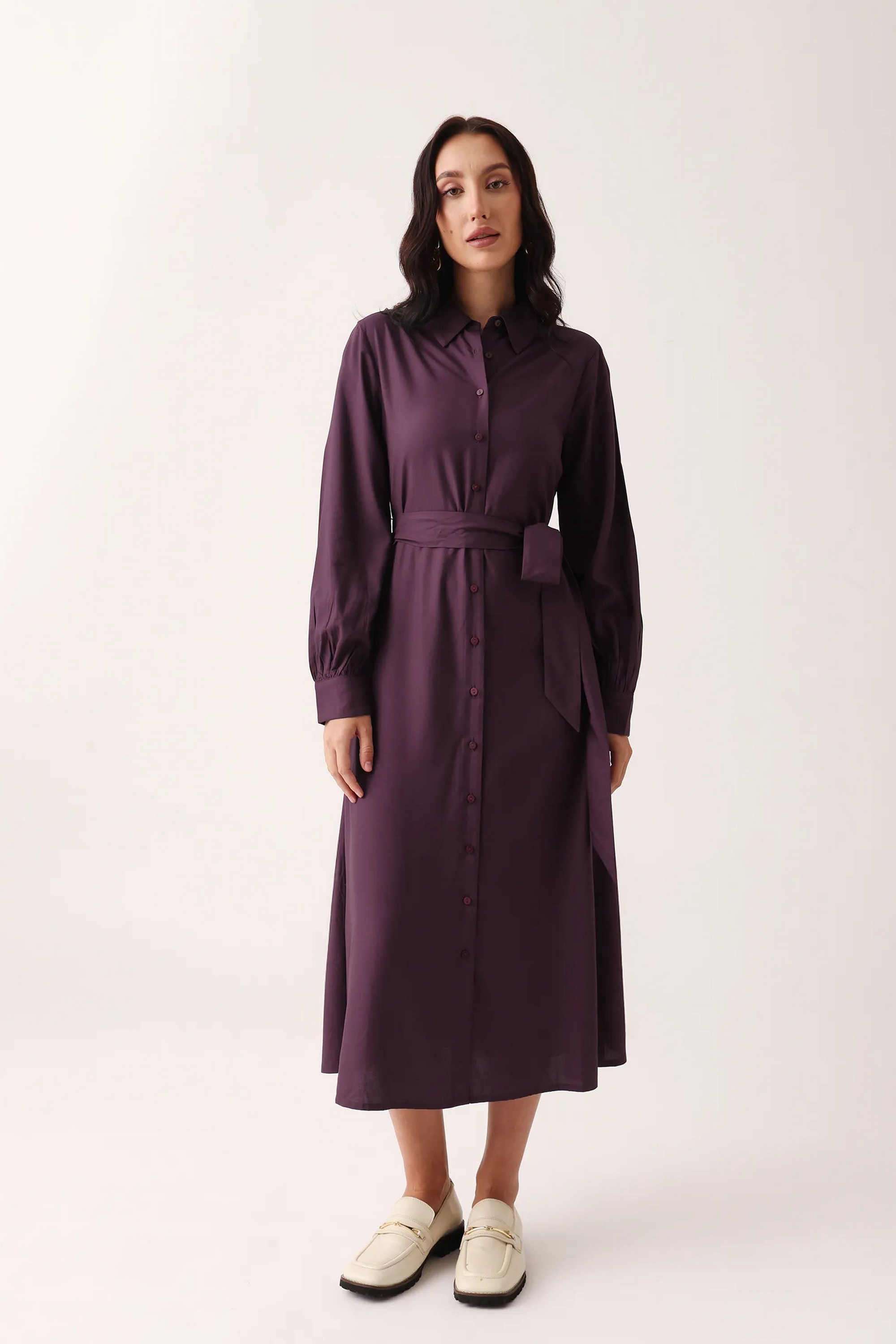 Solid-Viscose-Collared-Women-s-Dress