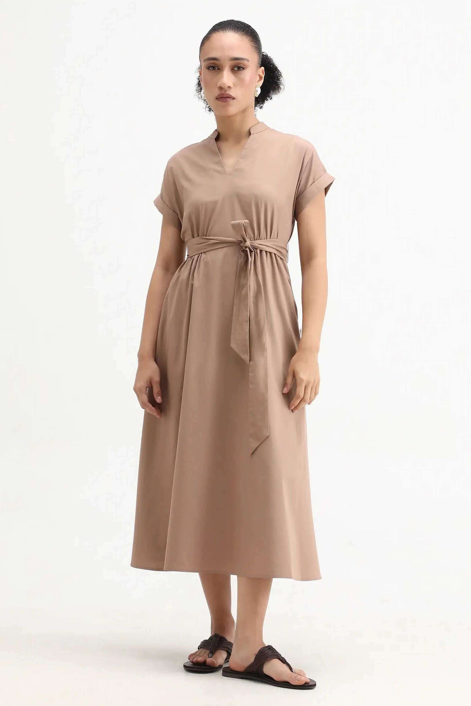 Solid-Polyester-Collared-Women-s-Dress