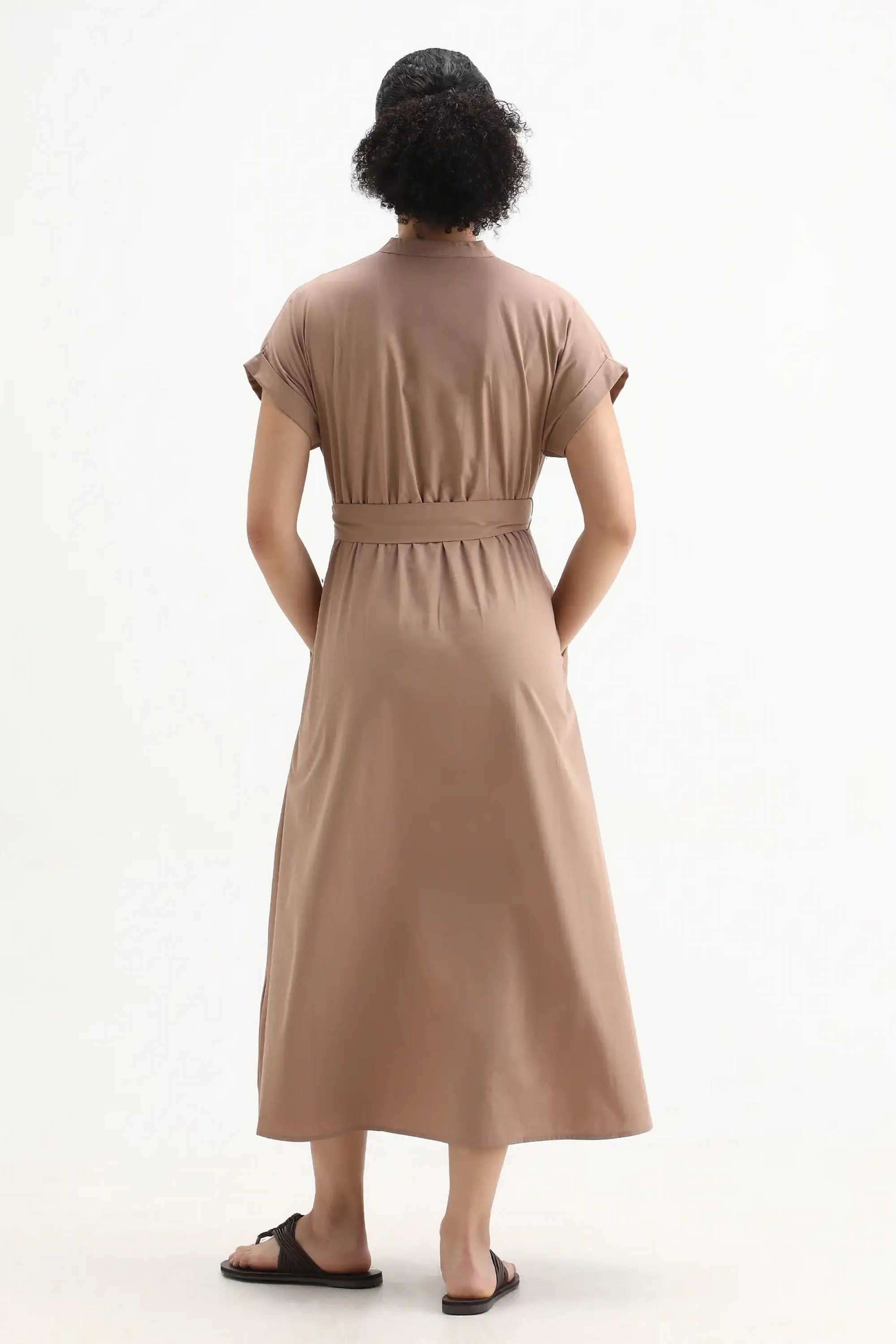 Solid-Polyester-Collared-Women-s-Dress