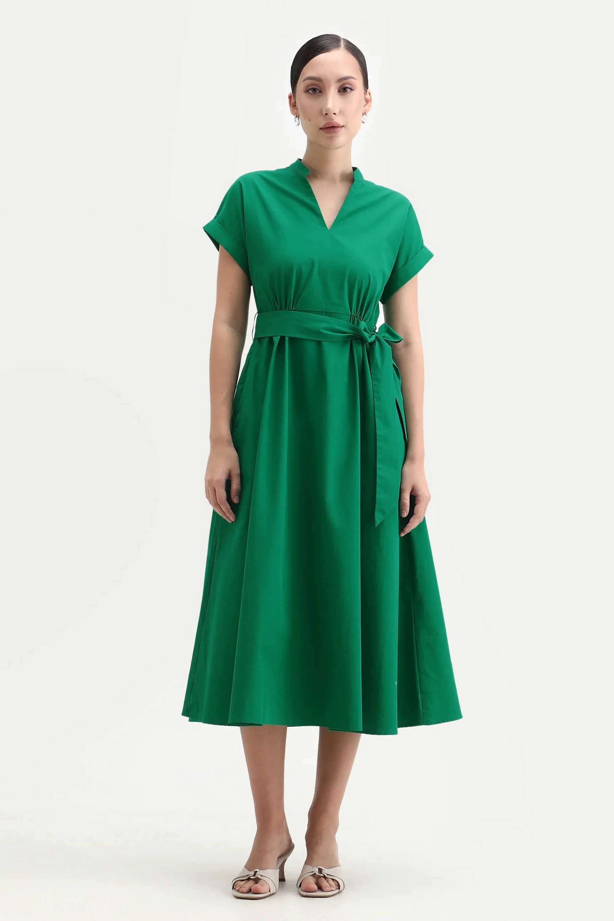 Solid-Polyester-Collared-Women-s-Dress