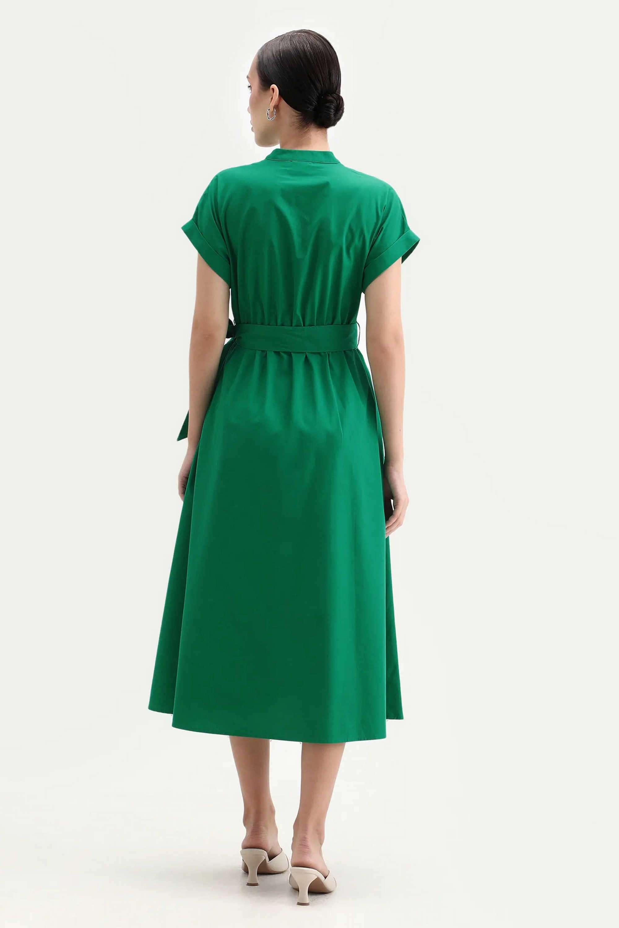 Solid-Polyester-Collared-Women-s-Dress