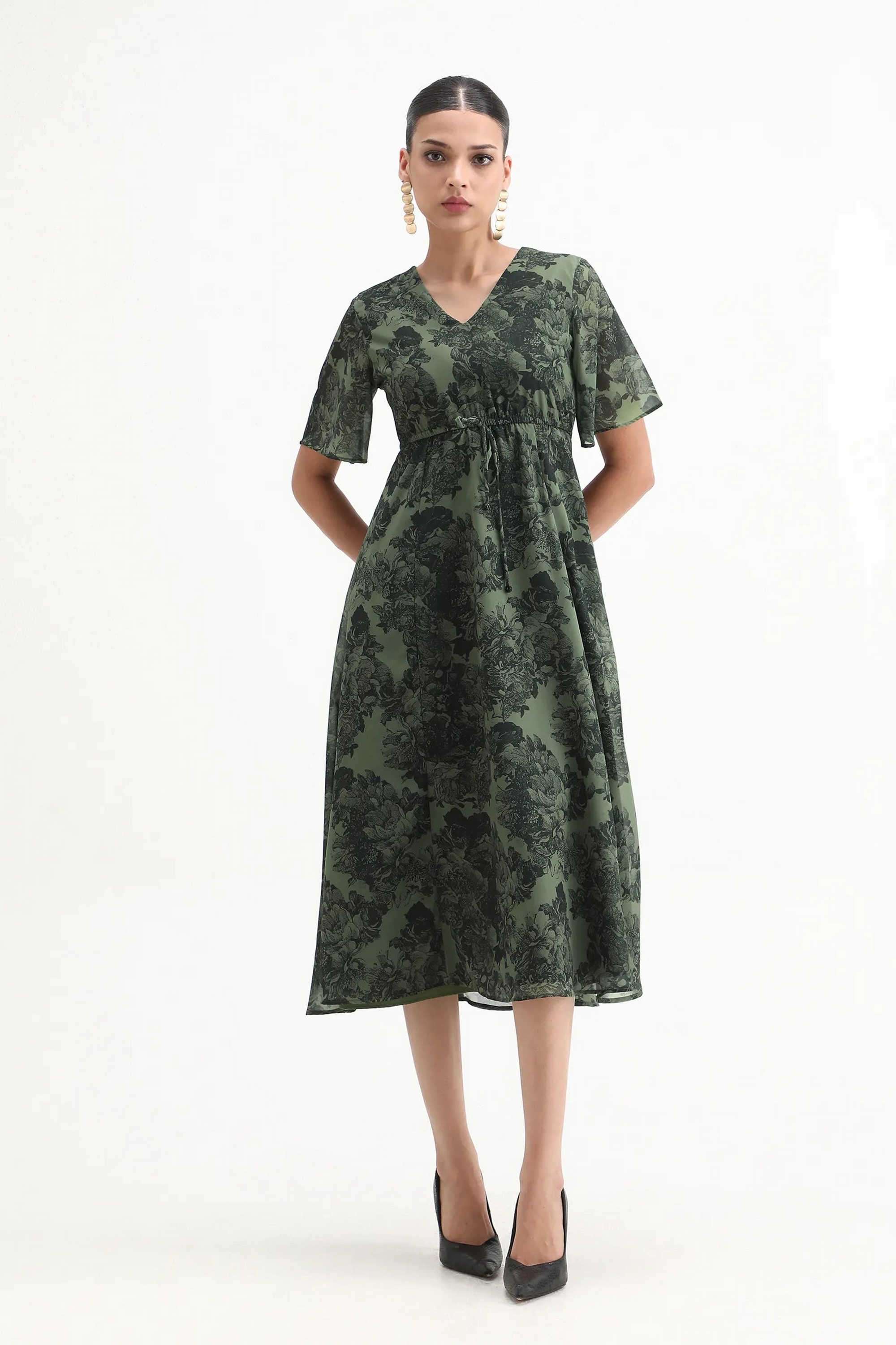 Floral-Polyester-V-Neck-Women-s-Dress