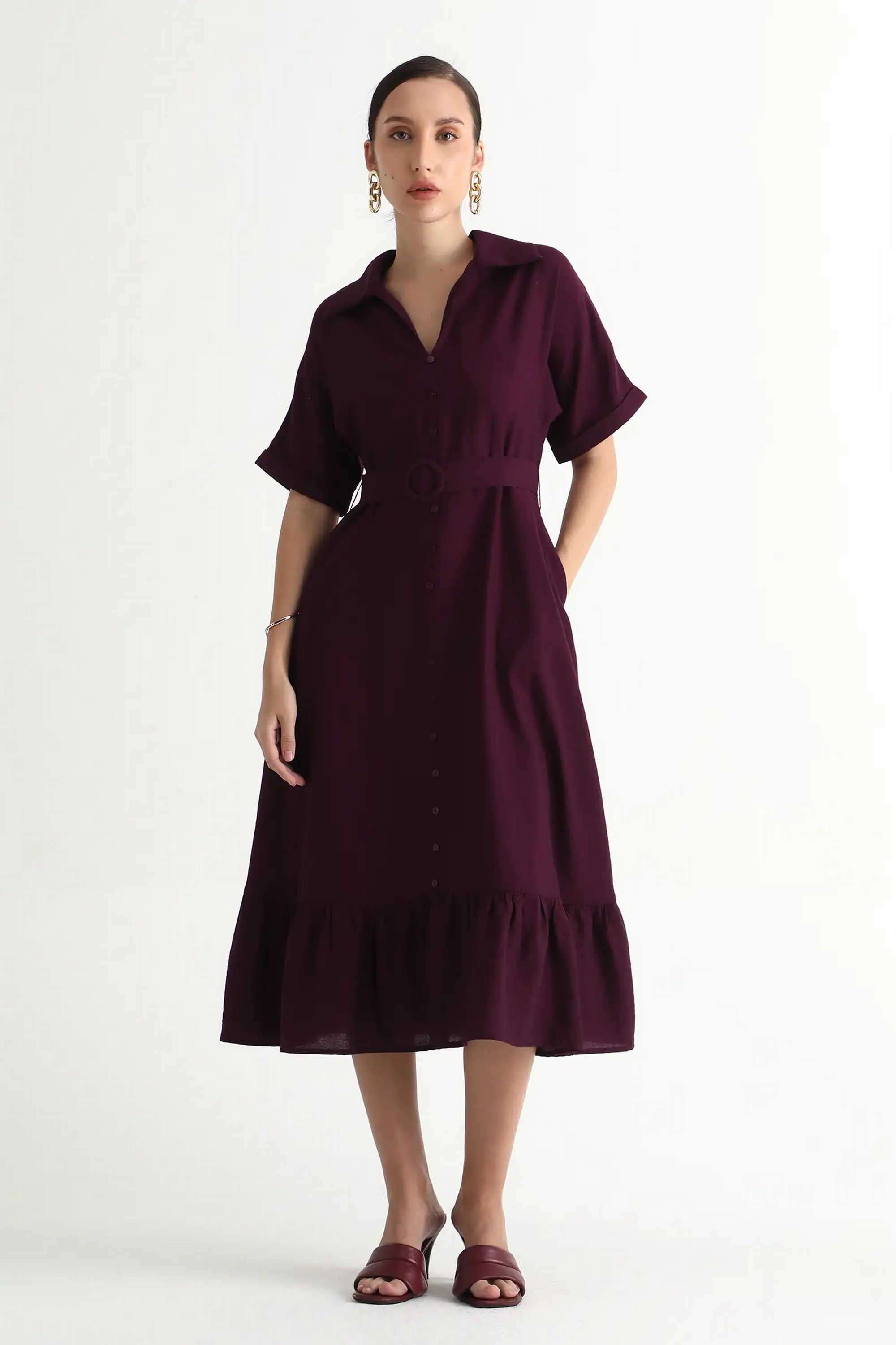 Solid-Polyester-Collared-Women-s-Dress