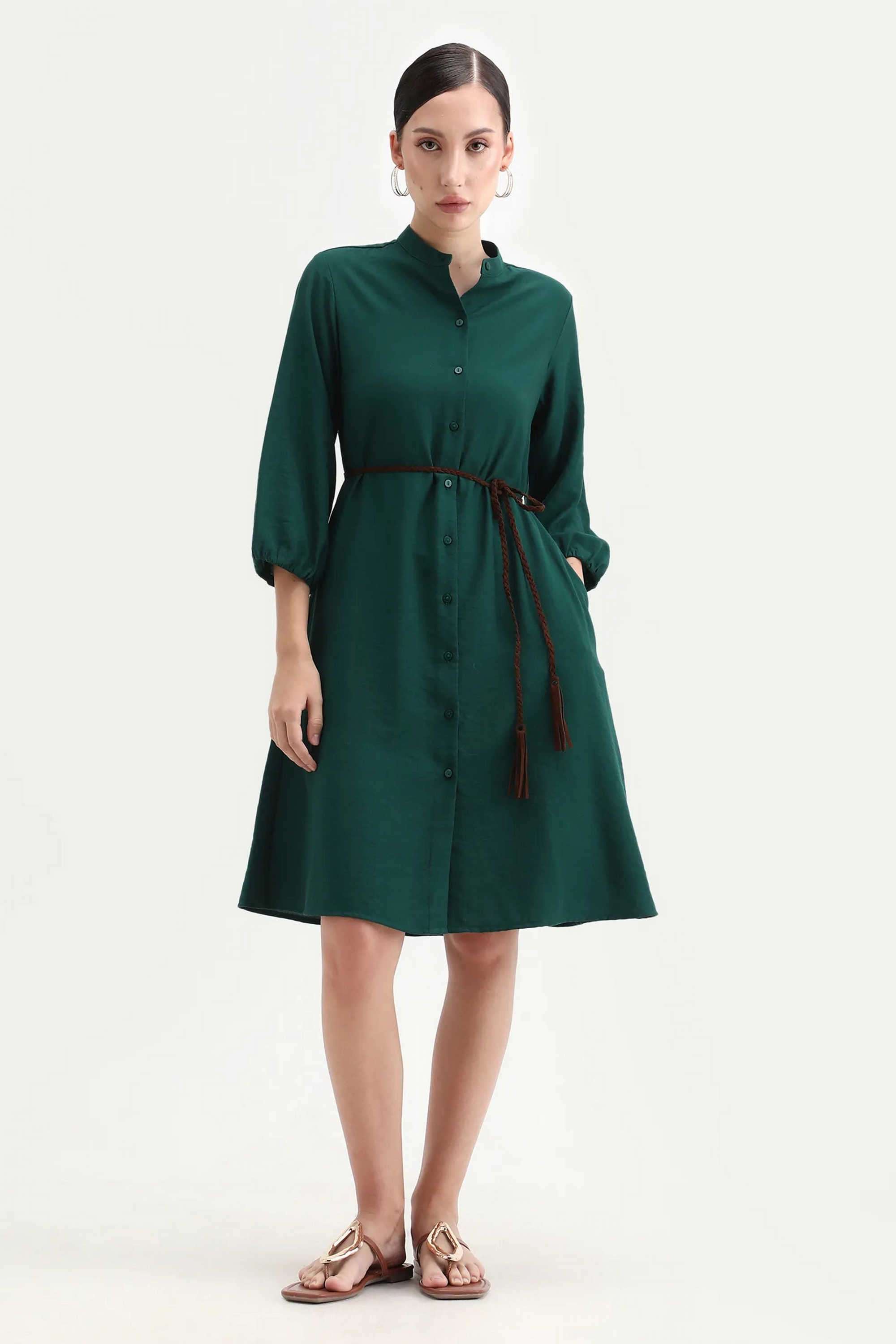 Solid-Polyester-Collared-Women-s-Dress