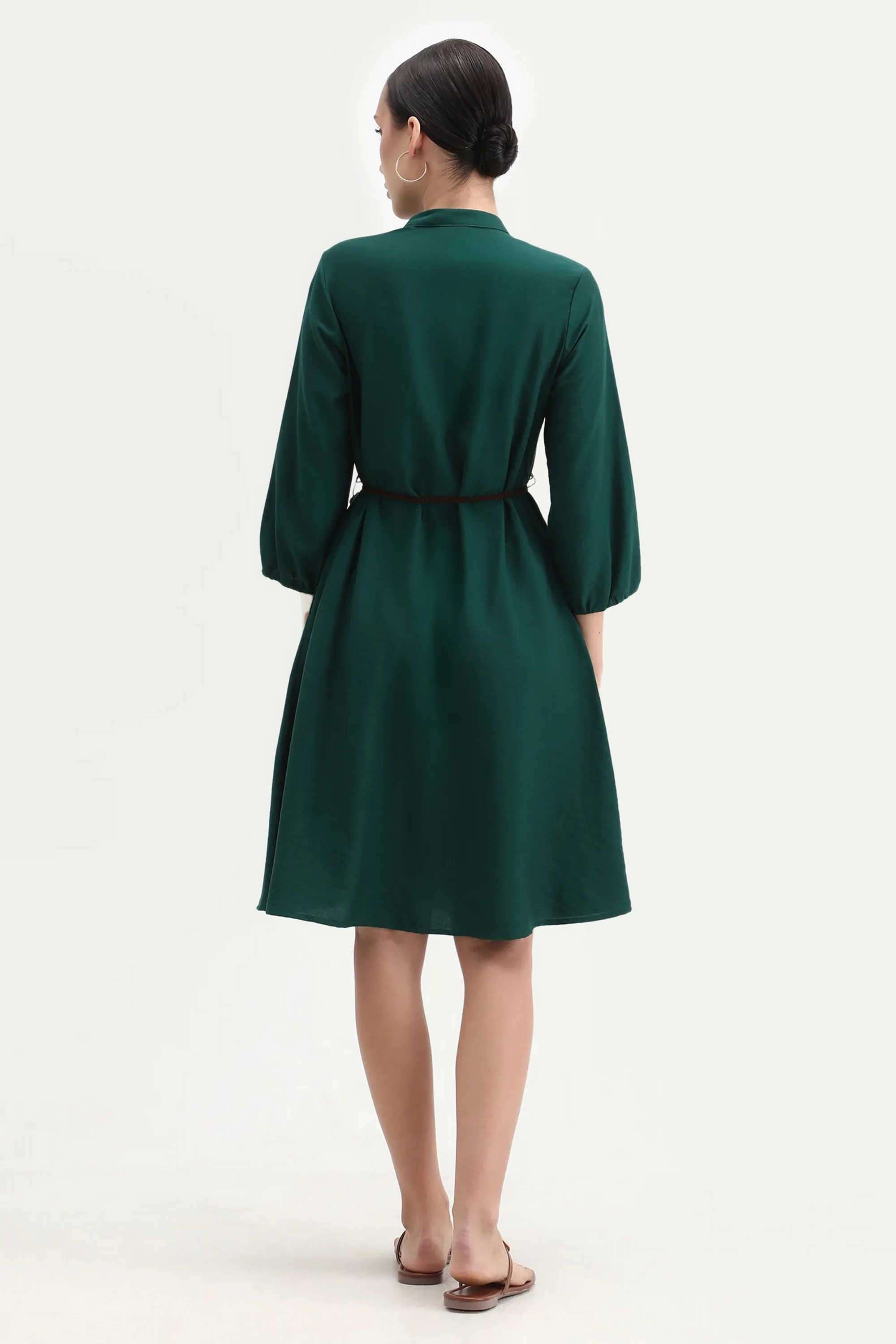 Solid-Polyester-Collared-Women-s-Dress