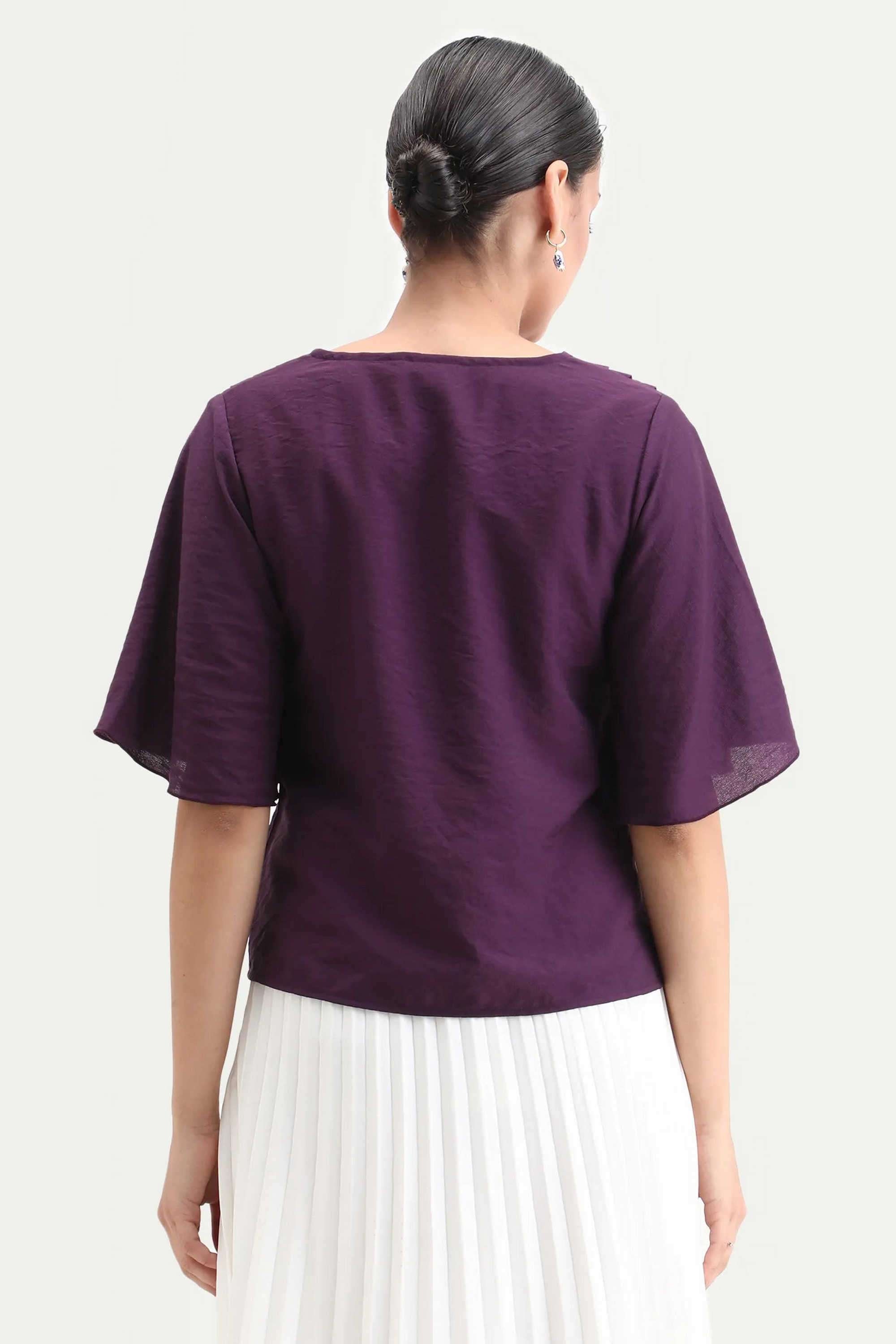 Solid-Polyester-V-Neck-Women-s-Top