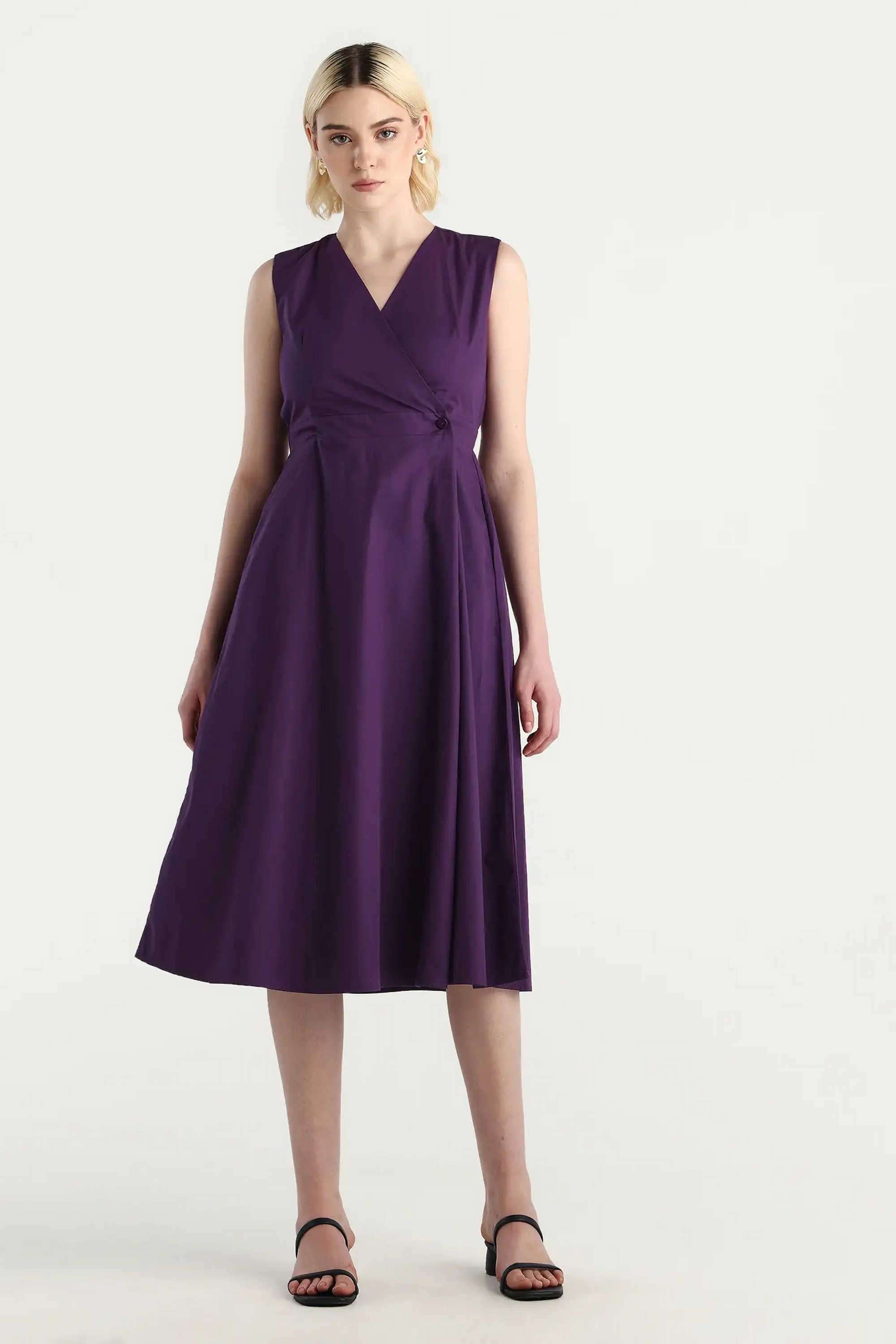 Solid-Cotton-V-Neck-Women-s-Dress