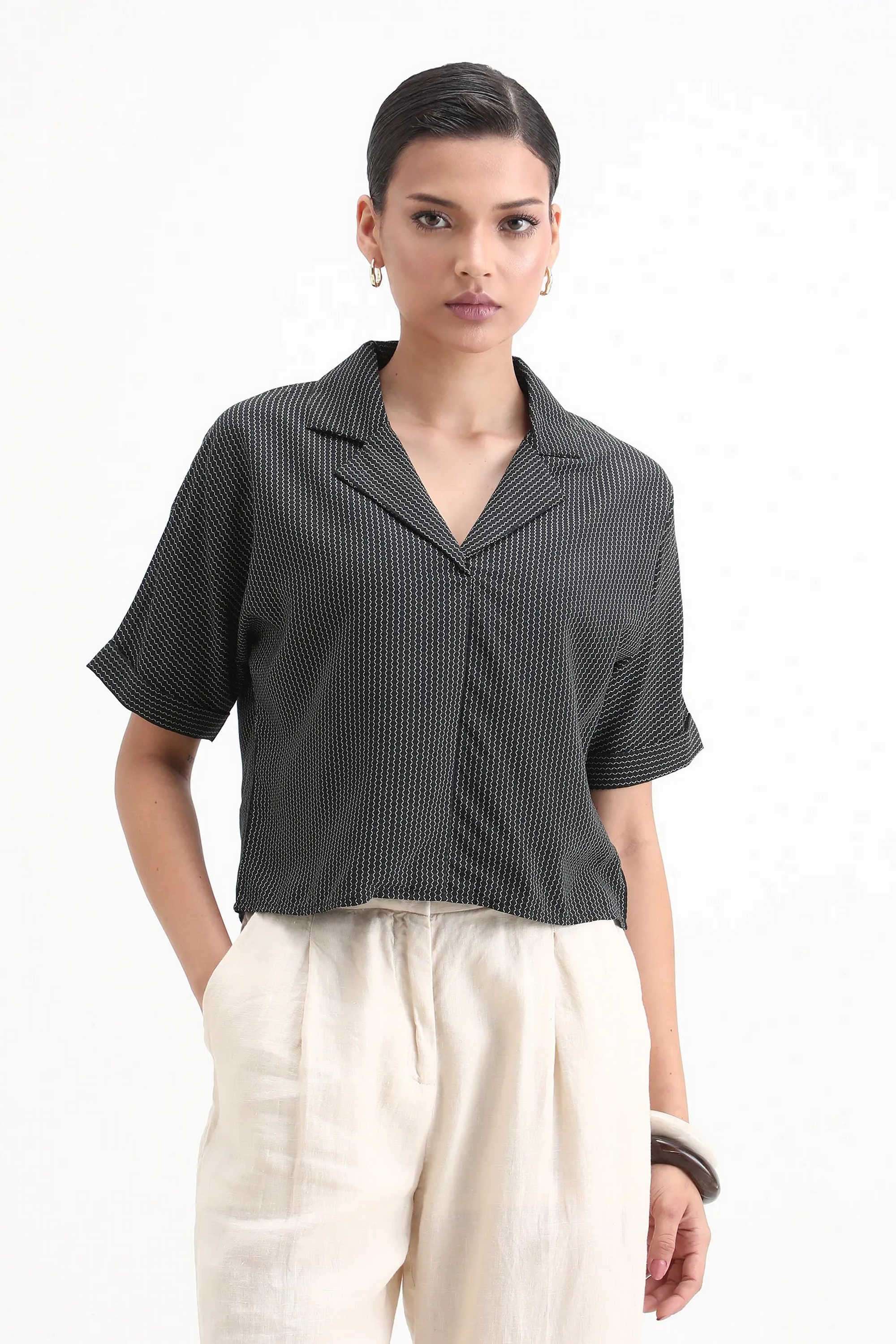 Geometric-Print-Viscose-Collared-Women-s-Top