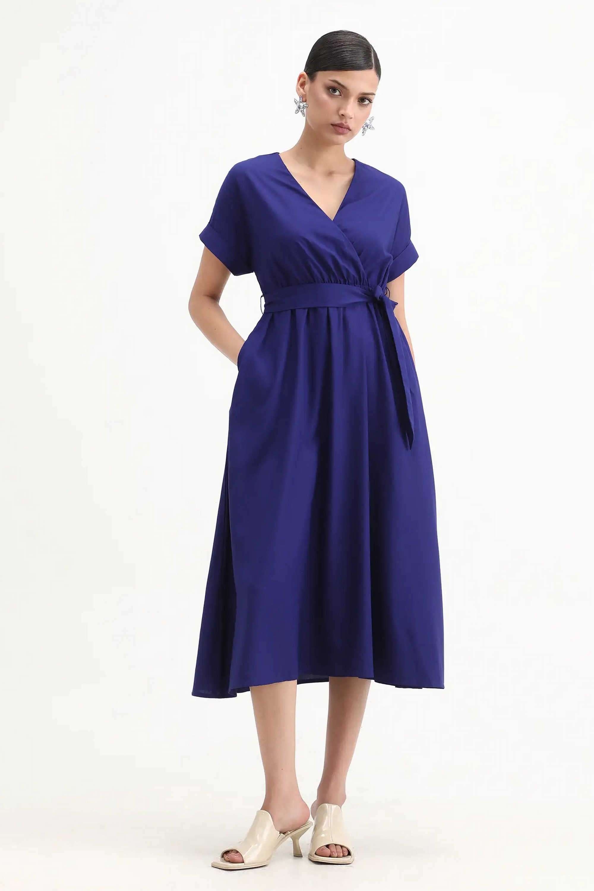 Solid-Viscose-V-Neck-Women-s-Dress